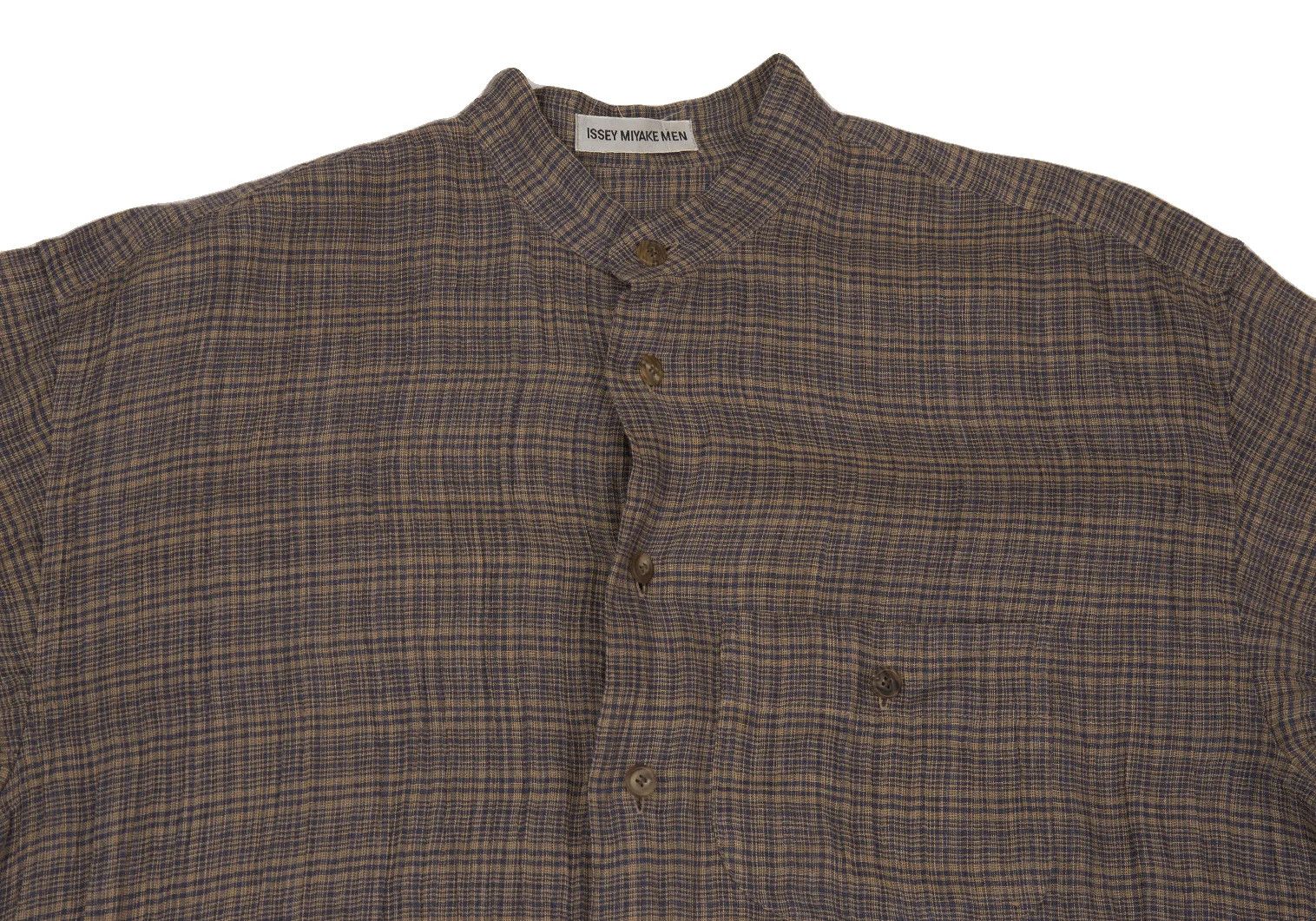 Issey Miyake Linen Check Band Collar Shirt in Beige and Blue, M Size US M / EU 48-50 / 2 - 2 Thumbnail