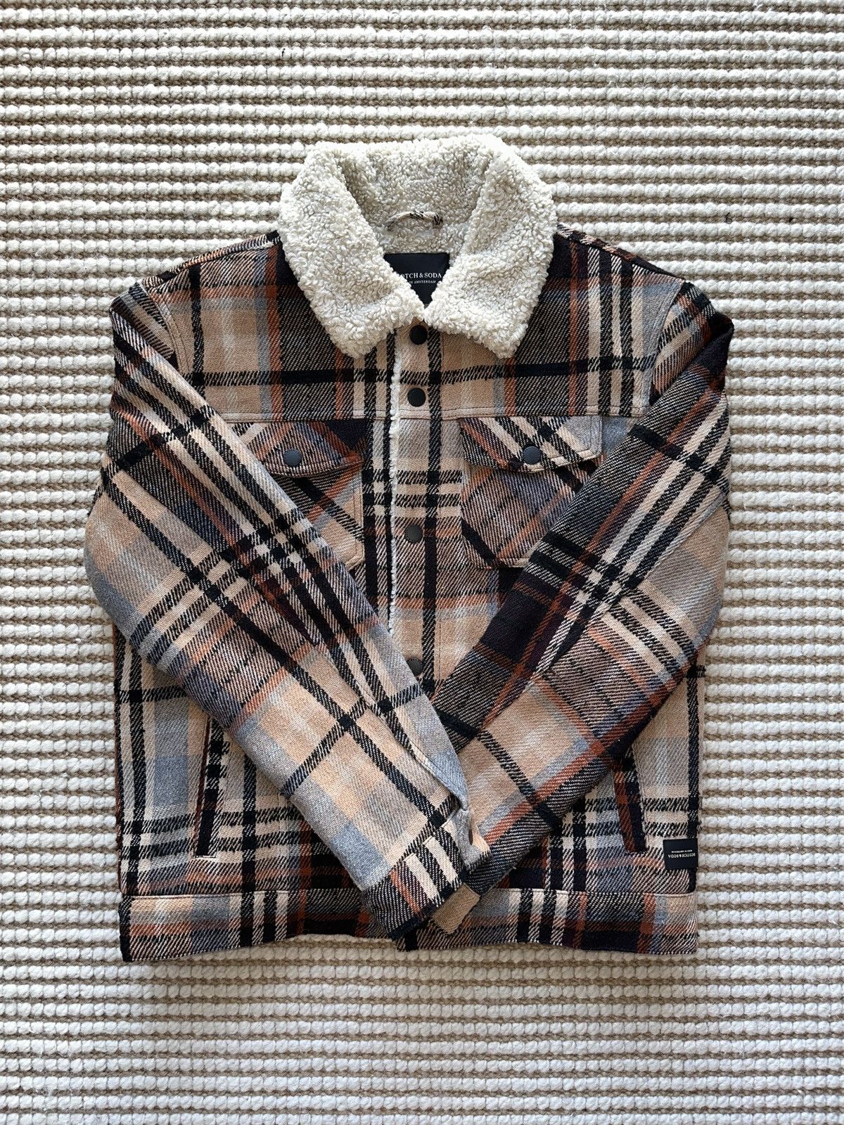 image of Scotch Soda Scotch & Soda Plaid Sherpa Jacket - Cream/black/orange in Brown, Men's (Size Medium)
