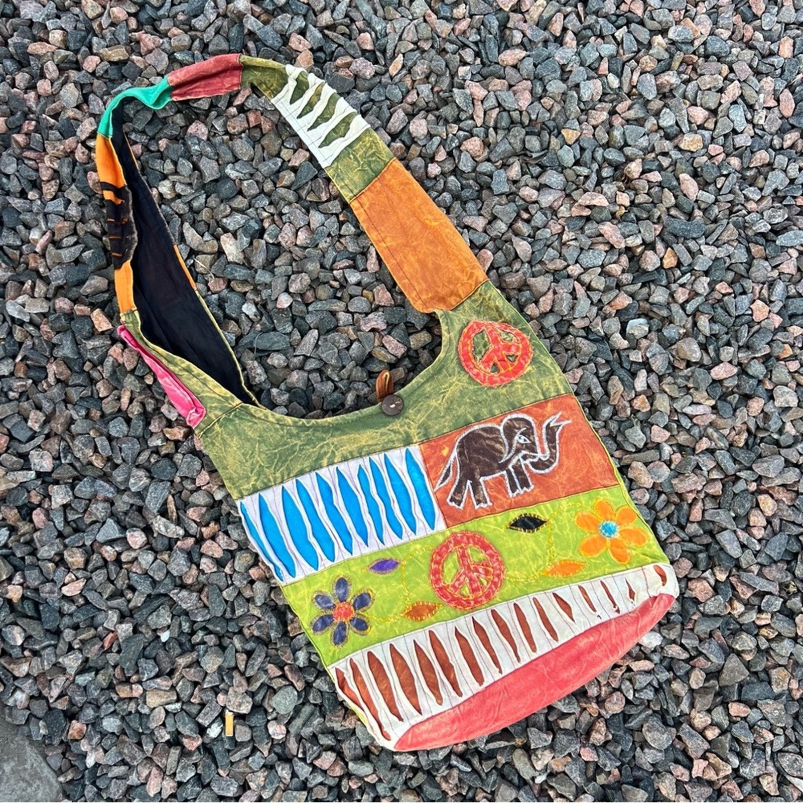 Vintage Hippie Boho Cotton Batik Patchwork Razor Cut Shoulder Bag in Green, Women's