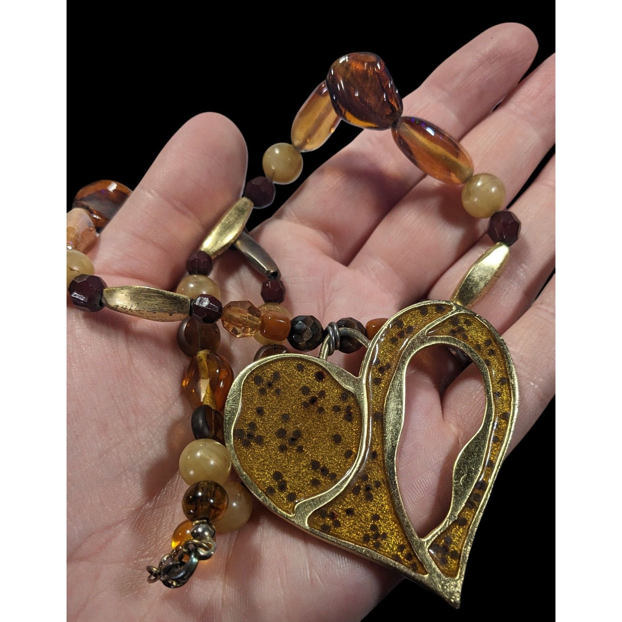 Other Chunky Unique Heart Pendant Necklace Brown And Gold Tone Wit Size ONE SIZE - 8 Thumbnail