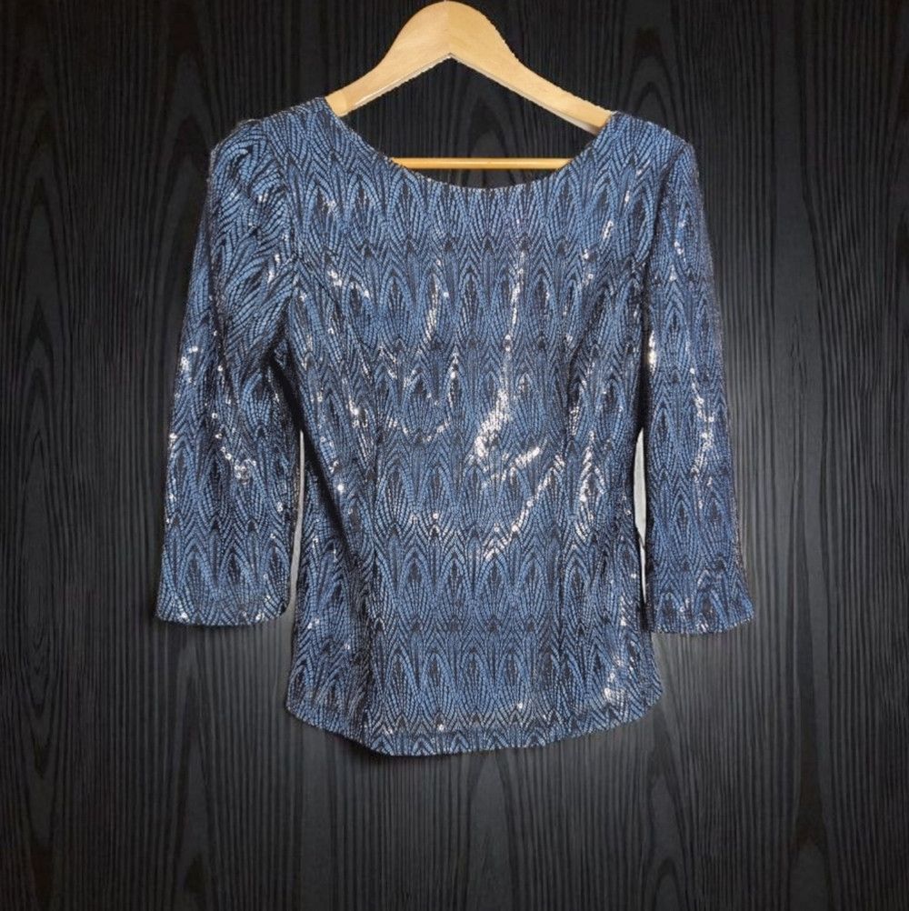 Alex Evenings Alex Evenings Metallic Blue Blouse M Lace Over Sequins Size M / US 6-8 / IT 42-44 - 1 Thumbnail