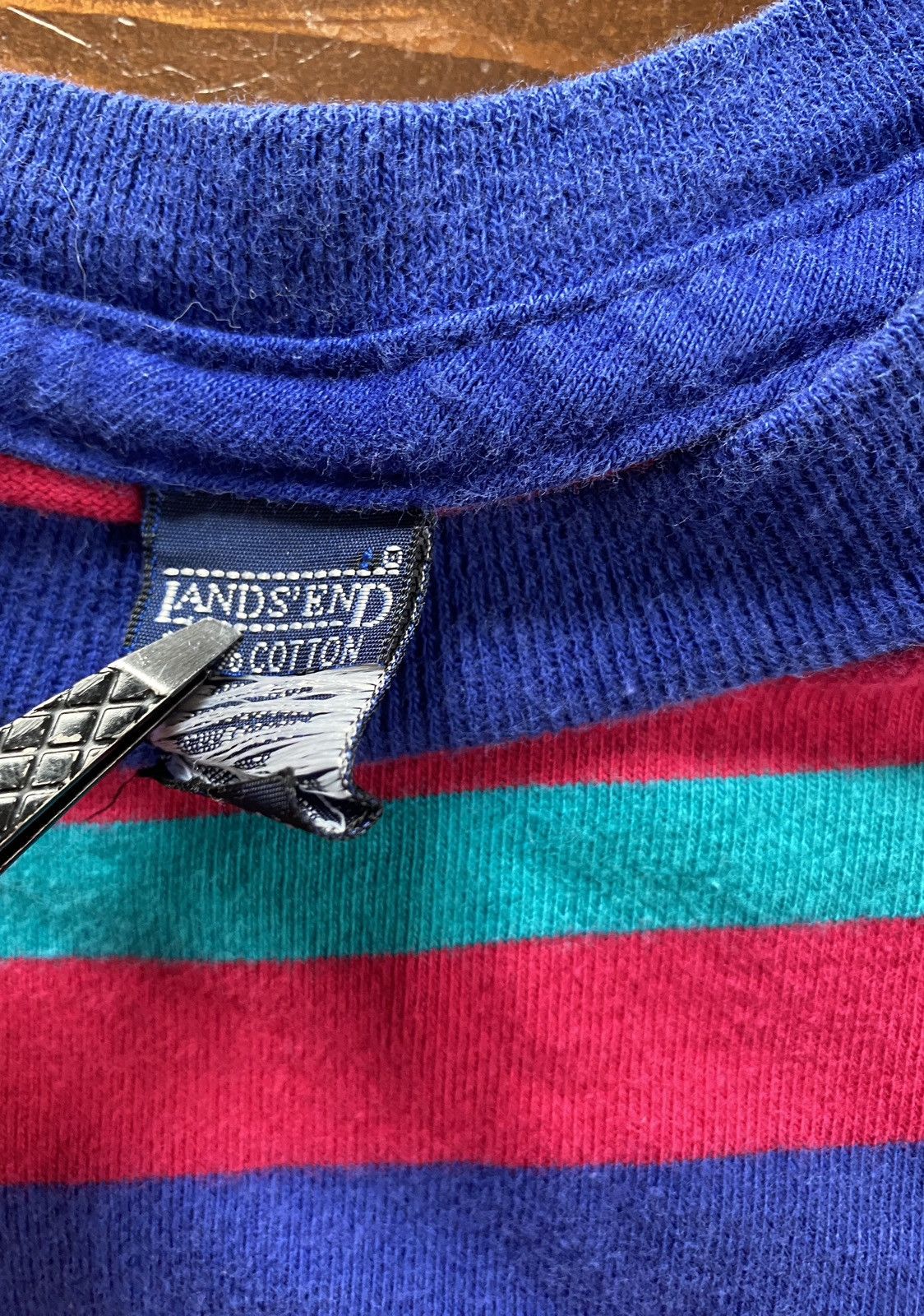 Lands' End Vintage 90’s Lands End Magenta Stripe Single Stitch Tee Size US M / EU 48-50 / 2 - 9 Thumbnail