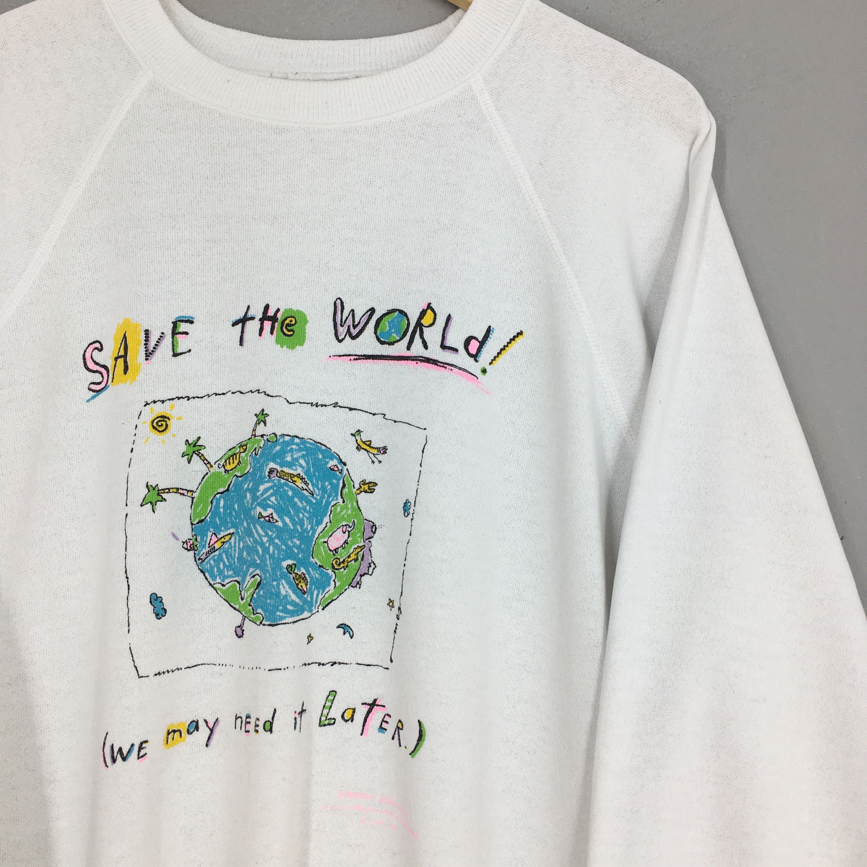 Hanes × Vintage Vintage 1990s Save The World White Sweatshirt XLarge Size US XL / EU 56 / 4 - 2 Thumbnail