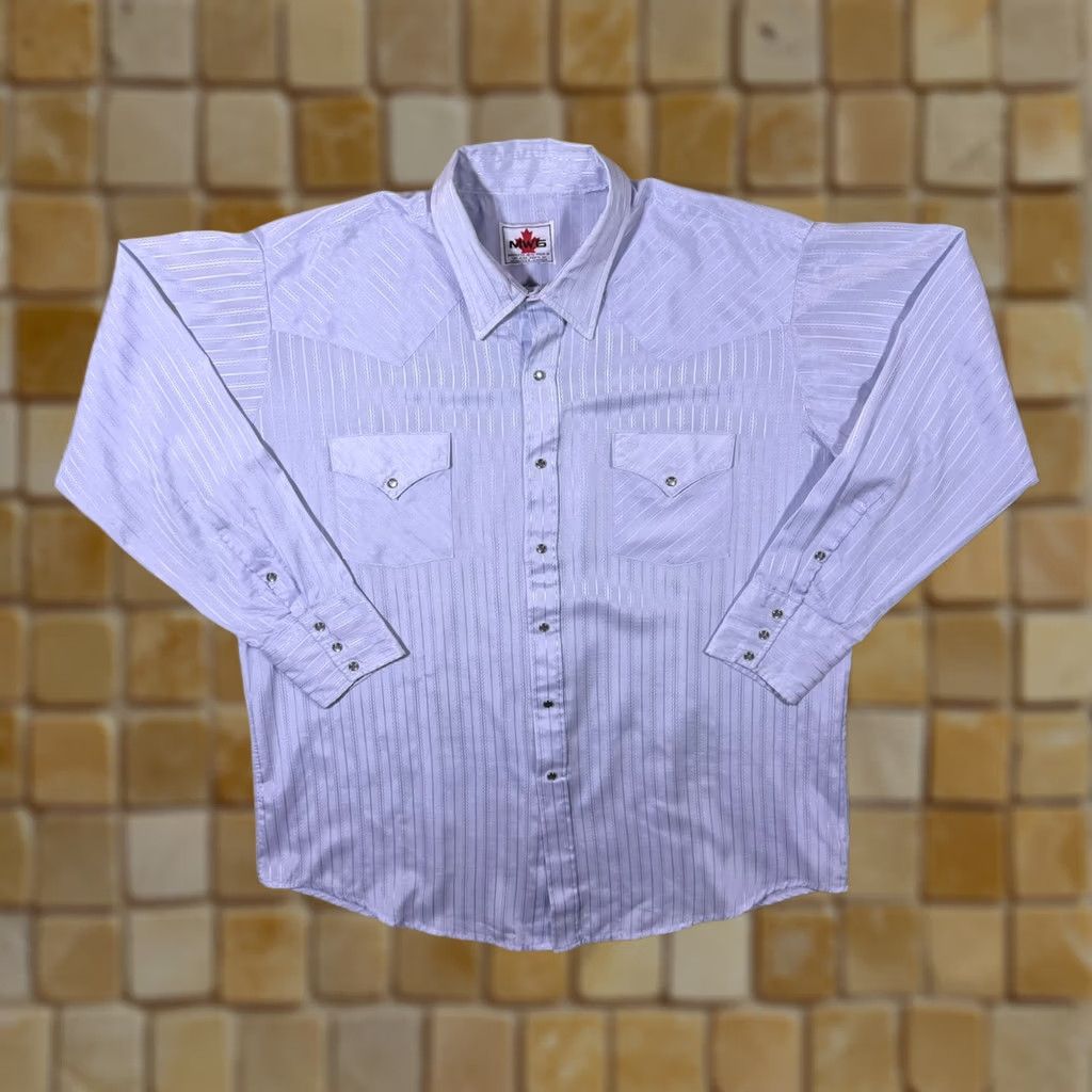 Vintage VINTAGE MWG Western Style Light Blue Striped Popper Long Sleeve Shirt 2XL Mens Regular Collar 90s #YE505 Size US XXL / EU 58 / 5 - 1 Thumbnail