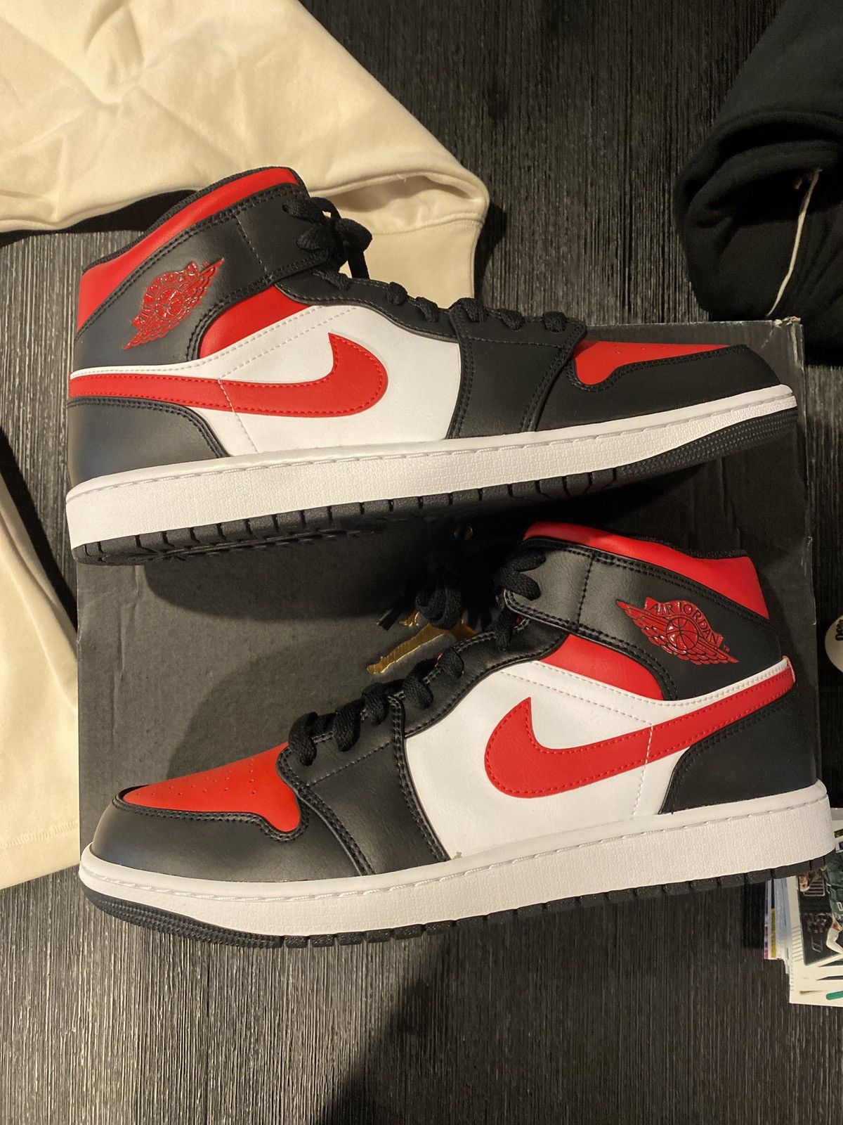 image of Jordan Nike Jordan 1 Mid Bred Toe Deadstock Shoes in Black, Men's (Size 12)