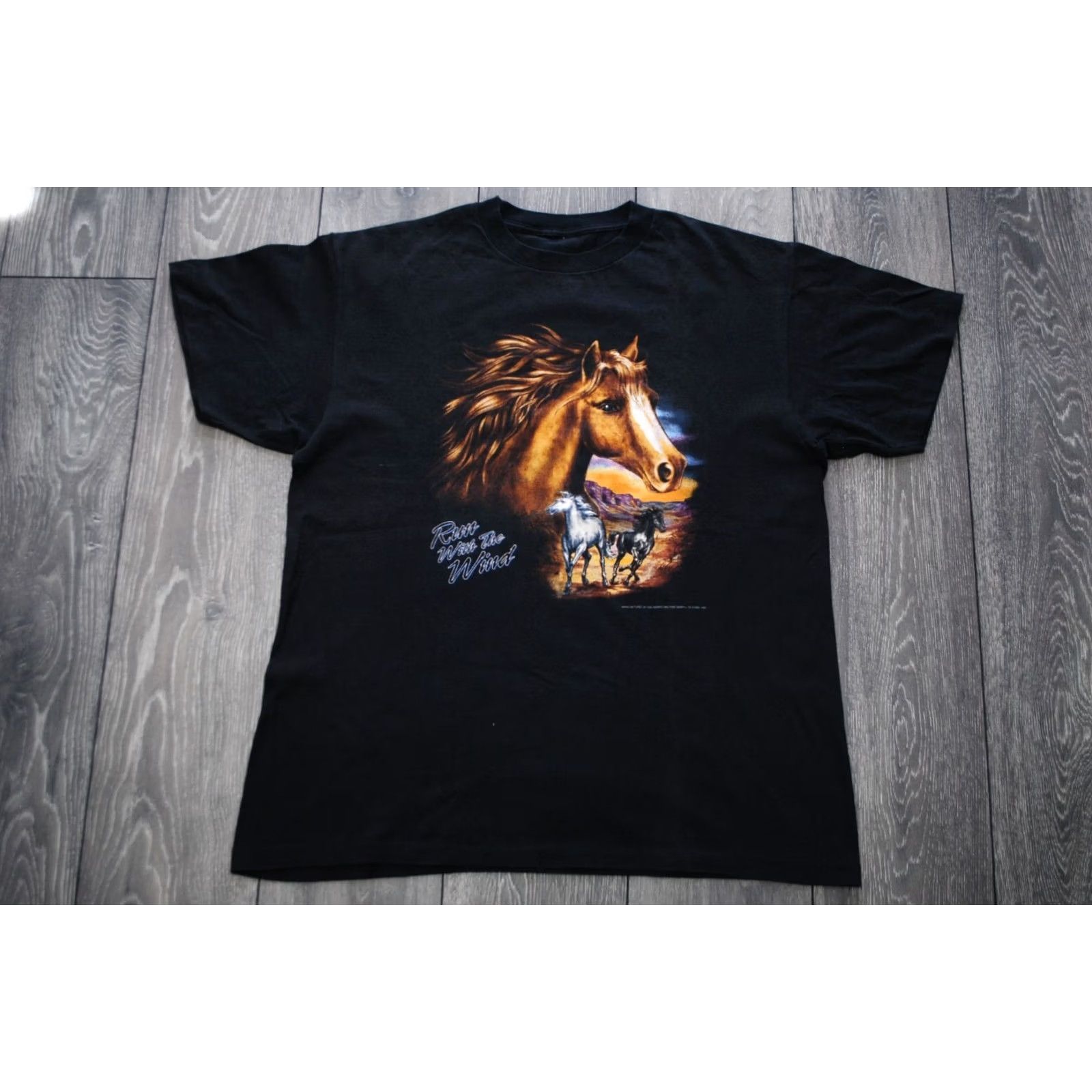 Vintage VINTAGE 3D EMBLEM HORSE RUN WITH THE WIND SINGLE STITCH SHIRT BLACK XL Mens XLARGE 1993 Size US XL / EU 56 / 4 - 2 Thumbnail