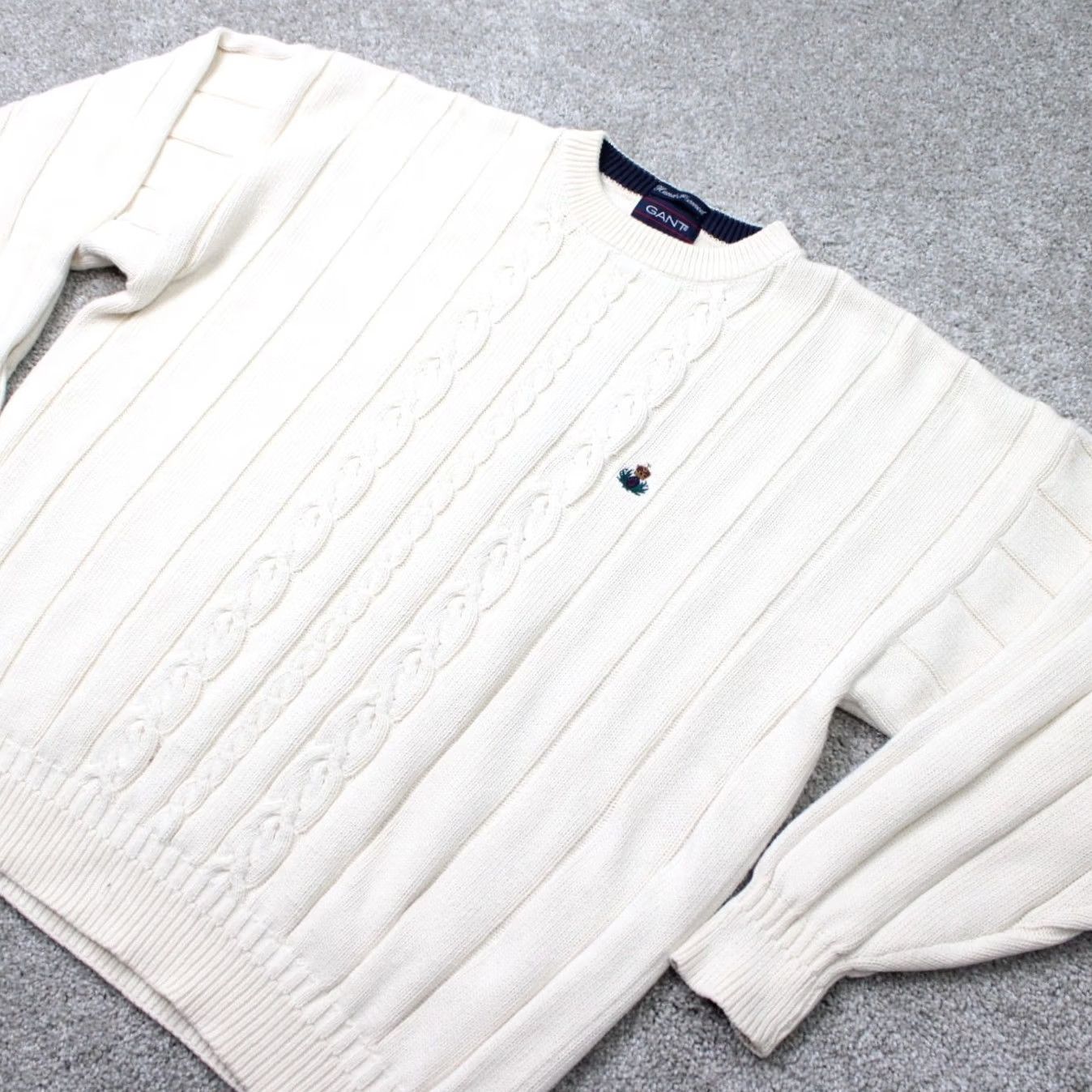 Gant VINTAGE GANT Sweater Mens XL White 100% Cotton Cable-Knit Crest Crew Neck 90s Size US XL / EU 56 / 4 - 3 Thumbnail