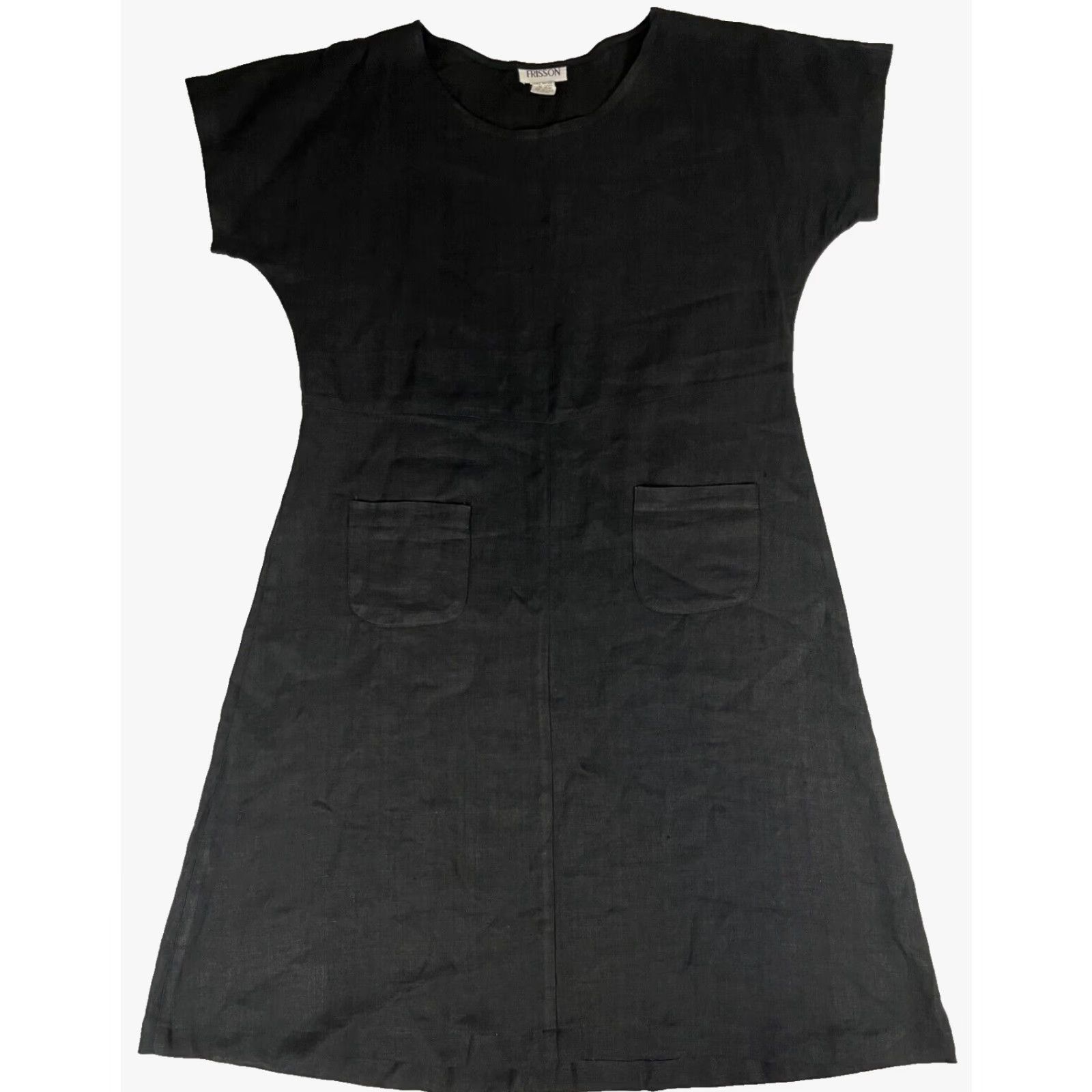 Vintage VINTAGE Frisson Women's Linen Midi Dress Short Sleeve Made in USA Sz L Black Pockets 90s Bohemian A-Line Casual Modern Classics Womens Size 36" / US 14 / IT 50 - 3 Thumbnail