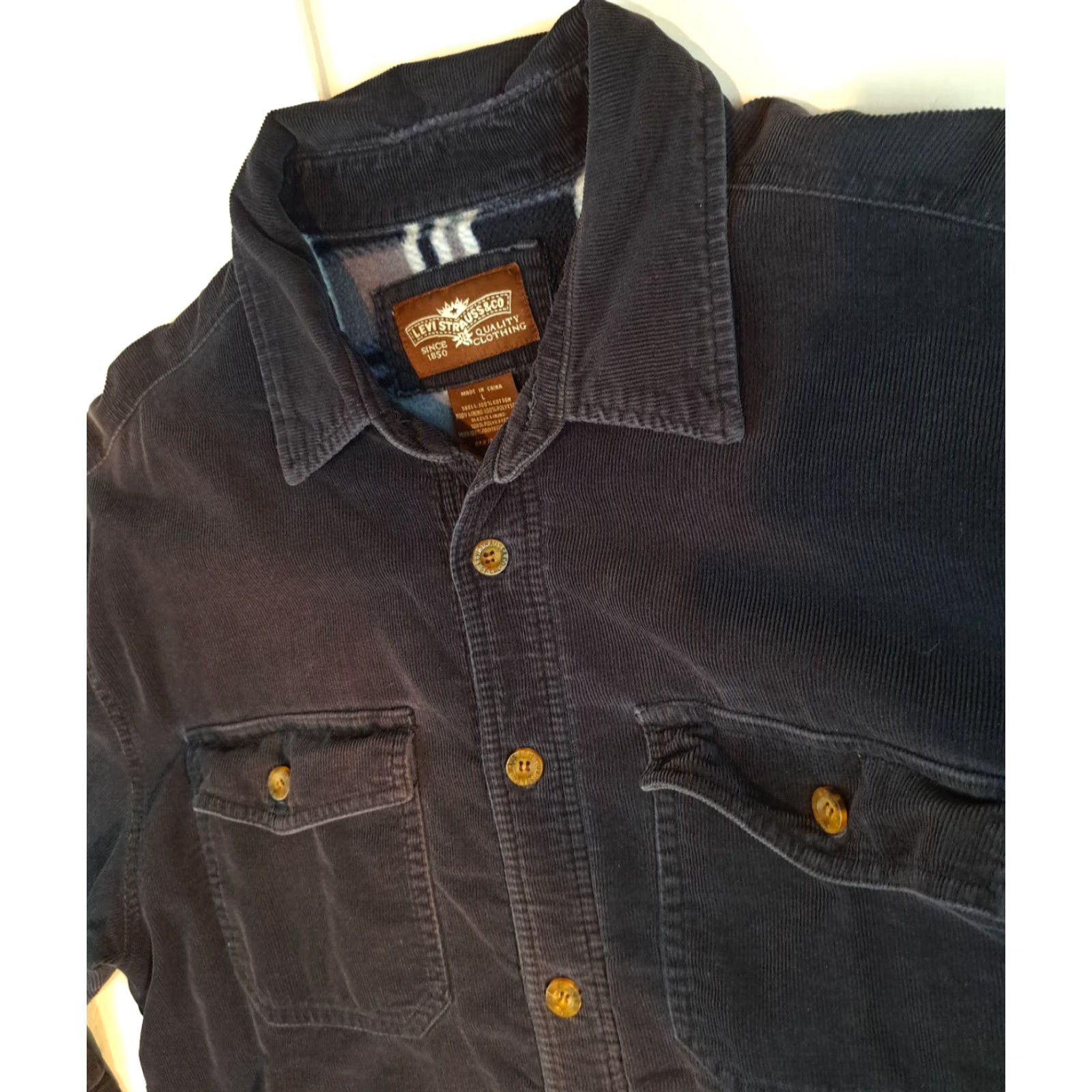 Levi's VINTAGE Levi's Shirt Corduroy Dark Navy Plaid Lined Button-Up Outdoor Men LG Regular Crew Neck? Size US L / EU 52-54 / 3 - 5 Thumbnail