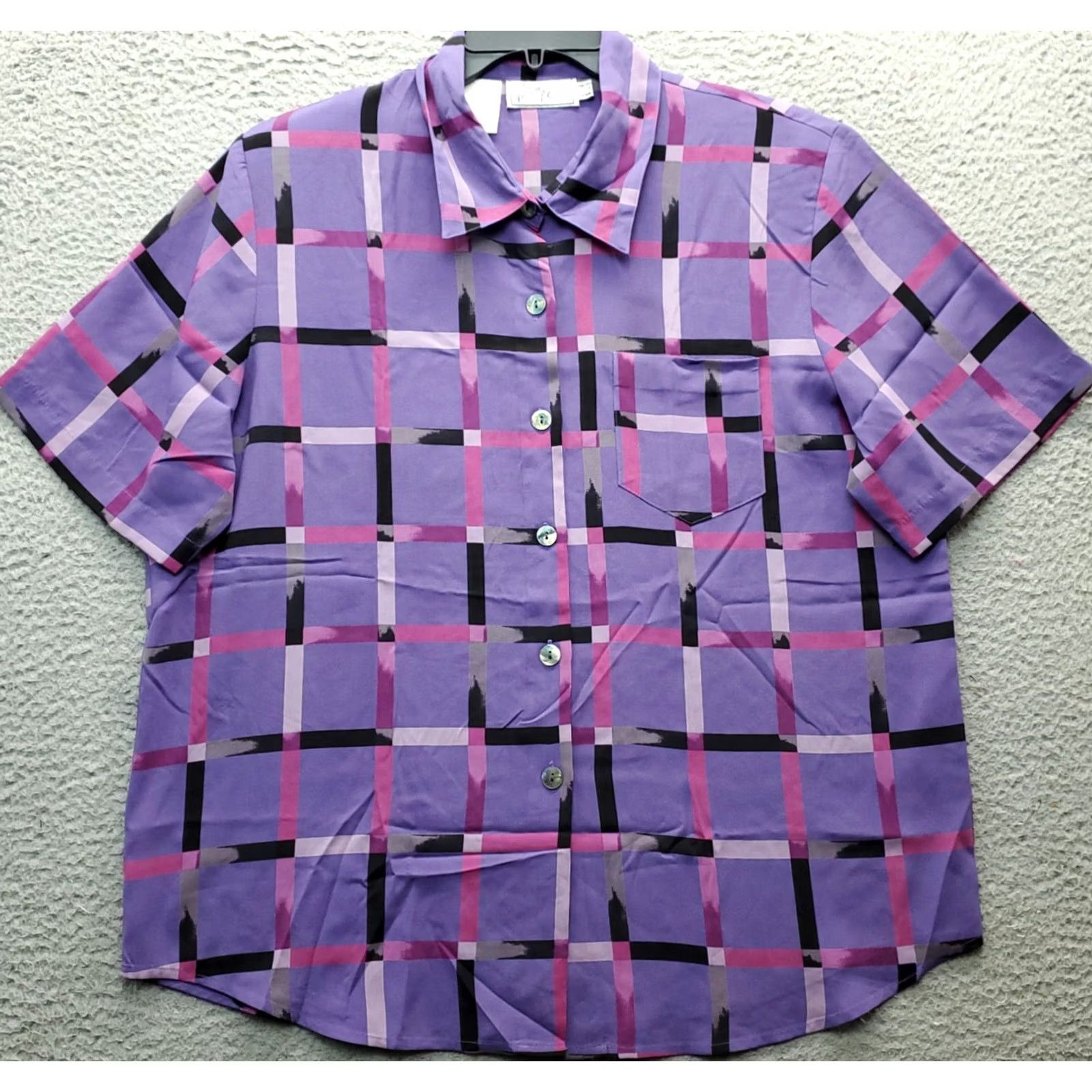 Vintage VINTAGE Kathy che Shirt Women’s 16 Multi Check Pocket Collar Button-Up Short Sleeve Size XXL / US 16-18 / IT 52-54 - 2 Thumbnail