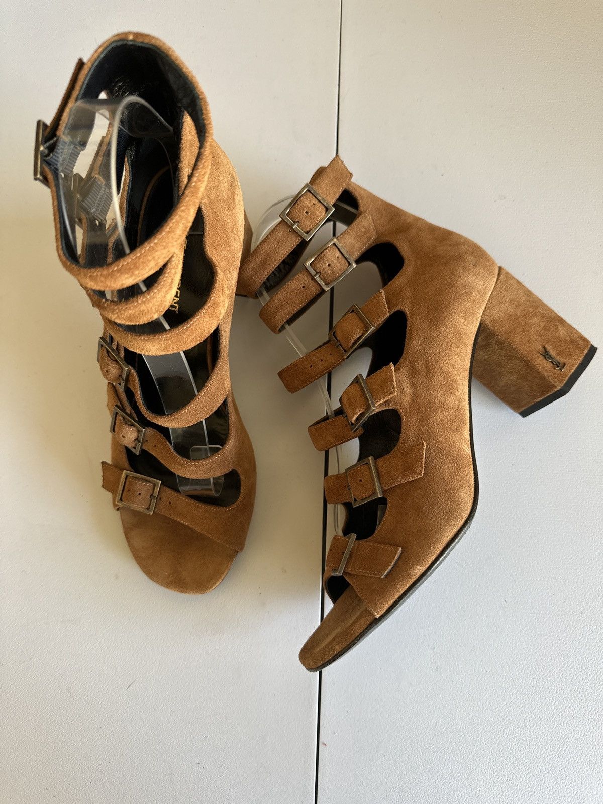 image of Saint Laurent Paris Saint Laurent Suede Buckle Chunky Heel Shoes in Brown, Women's (Size 8)