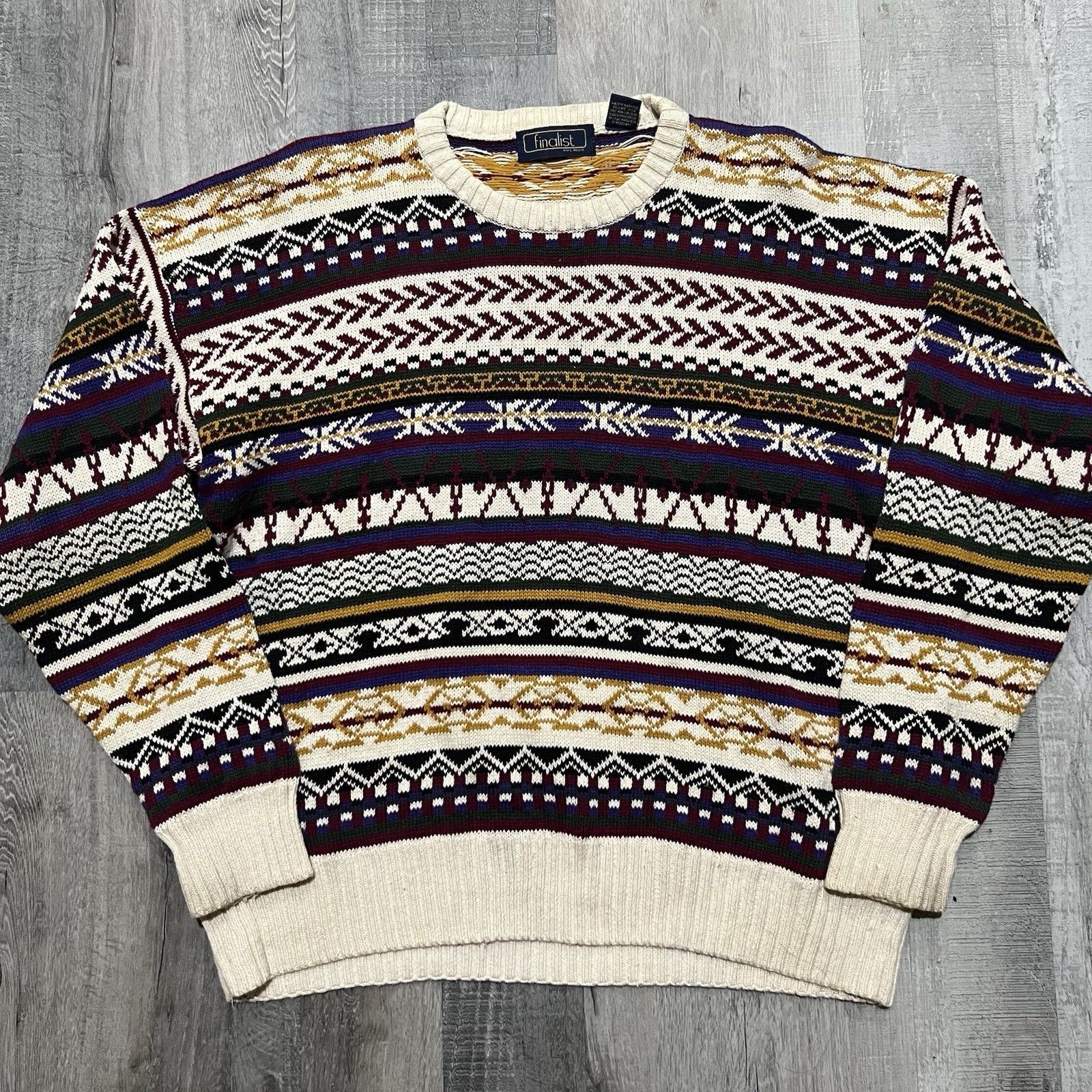 Vintage VTG Finalist Cotton Knit Purple Geometric Striped Sweater XL Size US XL / EU 56 / 4 - 1 Thumbnail