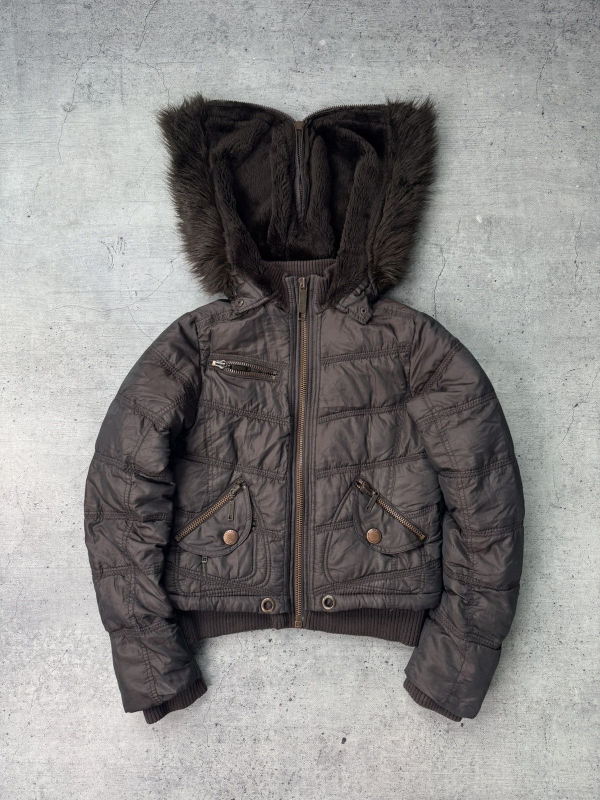 Crazy Y2K Alaska bomber jacket fur black zipper hood