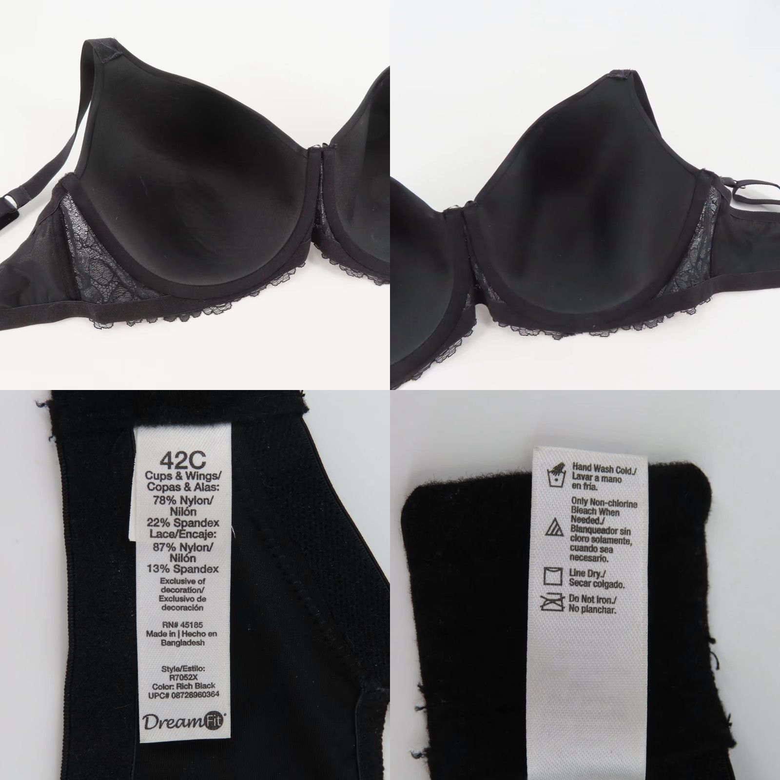 Vintage Dreamfit Bra Solid Black Bow Lace Trim Underwire Lined 42C Plus Size R7052X Nylon Blended Fabric T-Shirt Underwired Hook & Eye 42 Band Women Size ONE SIZE - 8 Thumbnail