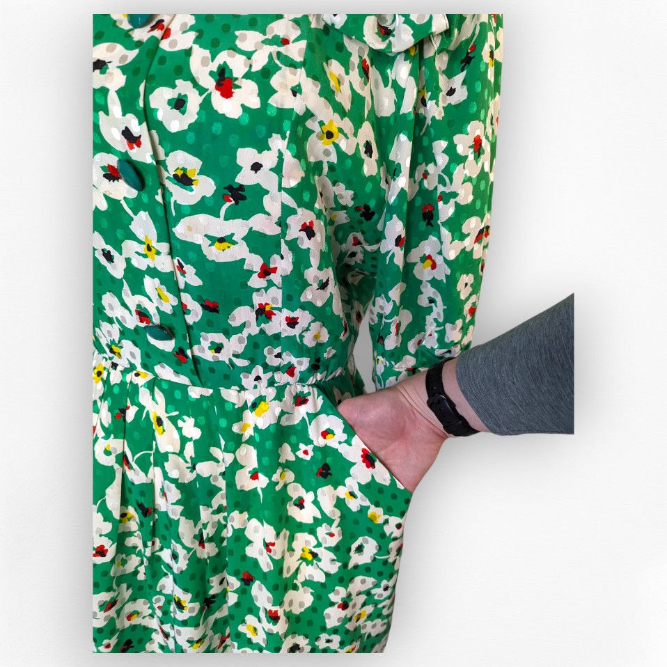 Nina Ricci × Vintage Vintage 80s kelly green floral silk dress sz FR 46 US 12 Size XL / US 12-14 / IT 48-50 - 4 Thumbnail