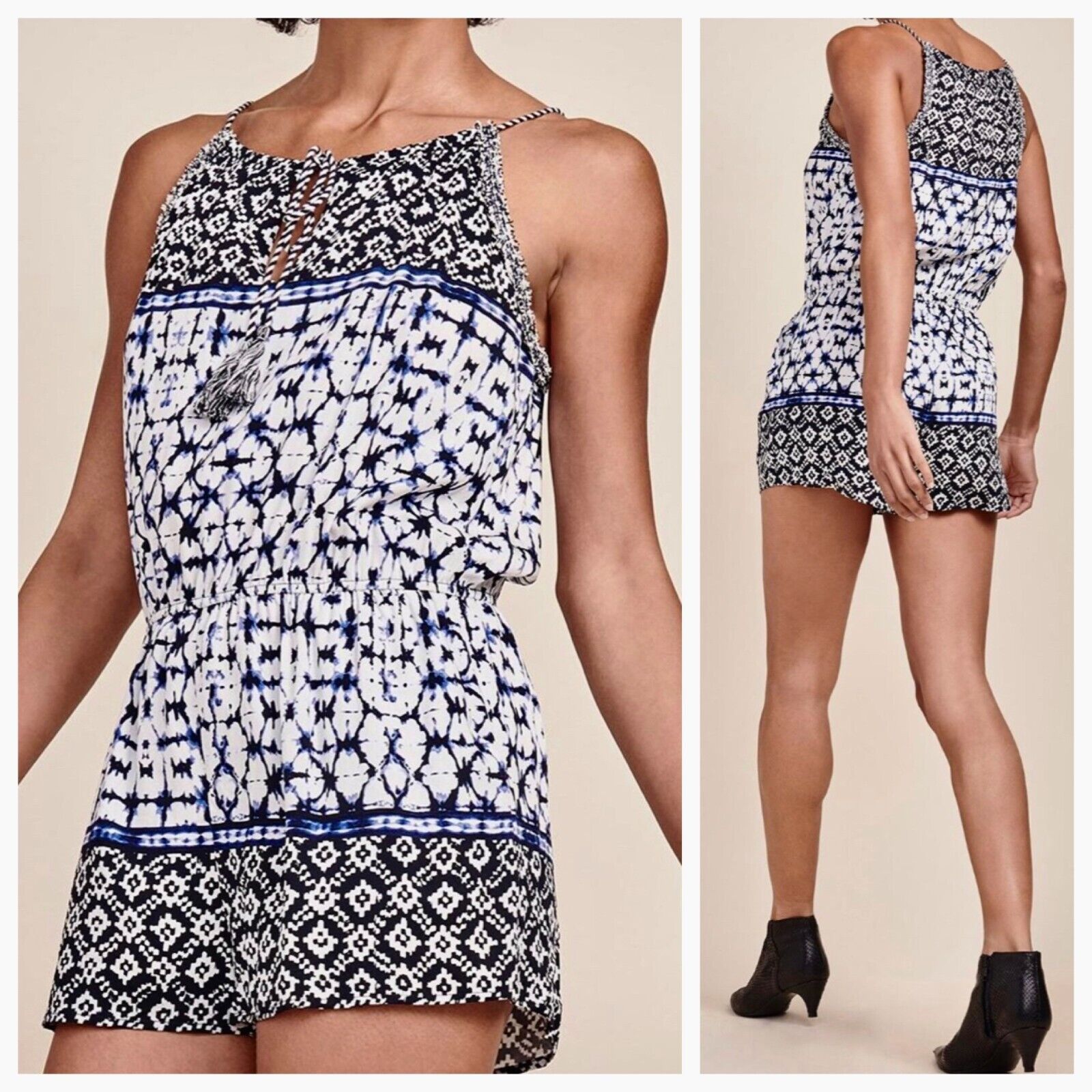 BB Dakota BB Dakota Beale Blue White Aztec Halter Tie Romper Pockets S Size 27" / US 4 / IT 40 - 4 Thumbnail