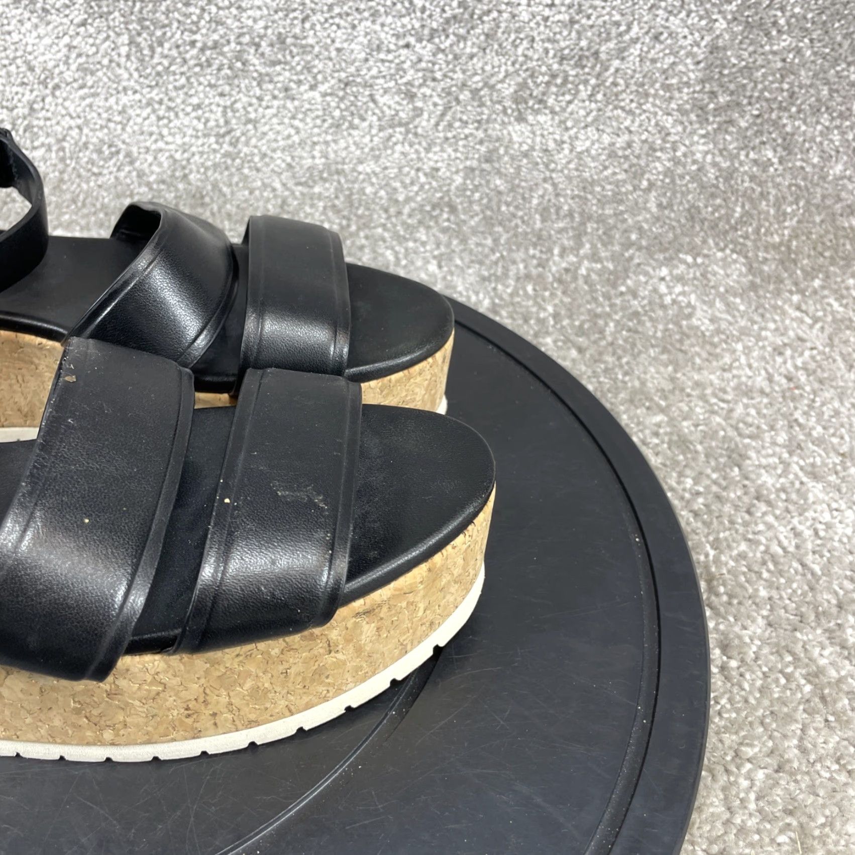 Vince Vince Jet Black Leather Wedge Sandals Women 7.5 M Cork Platform Ankle Strap Size US 8 / IT 38 - 2 Thumbnail