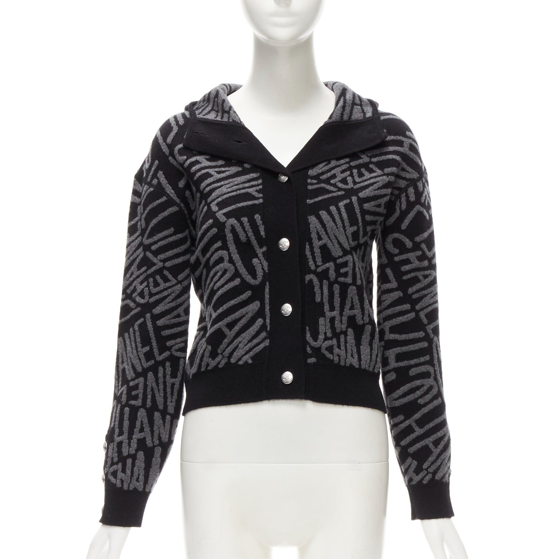 Chanel CHANEL 2021 98% cashmere black grey all over logo intarsia CC cardigan FR36 S Size S / US 4 / IT 40 - 1 Thumbnail