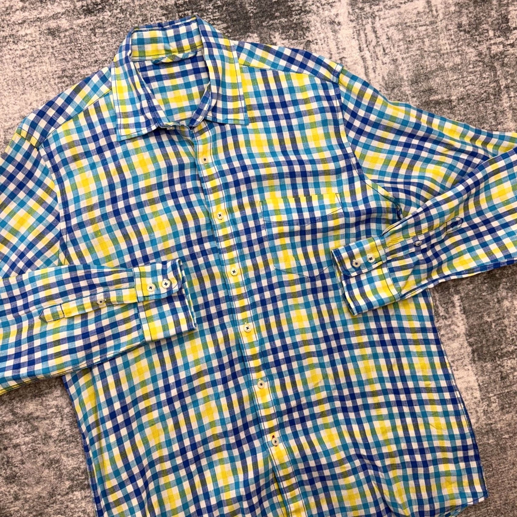 Boden Boden Shirt Mens XL Blue Yellow Check Linen Button Up Preppy Coastal Beach Derby Shirt Size US XL / EU 56 / 4 - 2 Thumbnail
