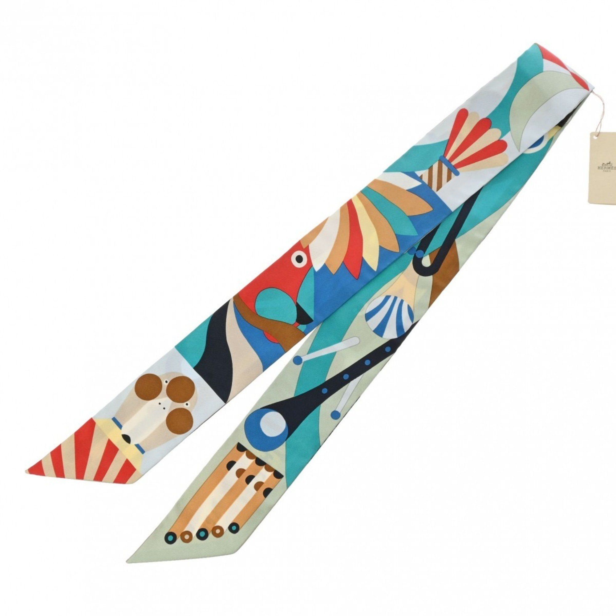 image of Hermes Twilly Parade En Fafare Blue/camel/rouge - Women's 100% Silk Scarf Muffler