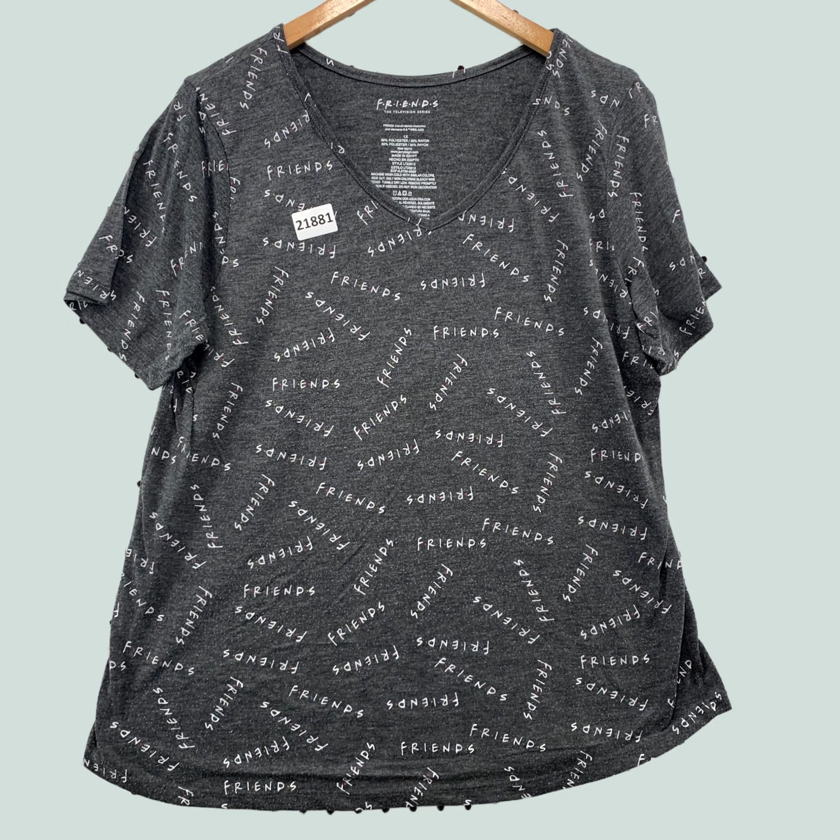 Vintage Friends AOP Shirt Gray V-Neck All Over Print Womens 1X Plus Size Girls Mens (adjust per gender not specified) Size XL / US 12-14 / IT 48-50 - 1 Thumbnail