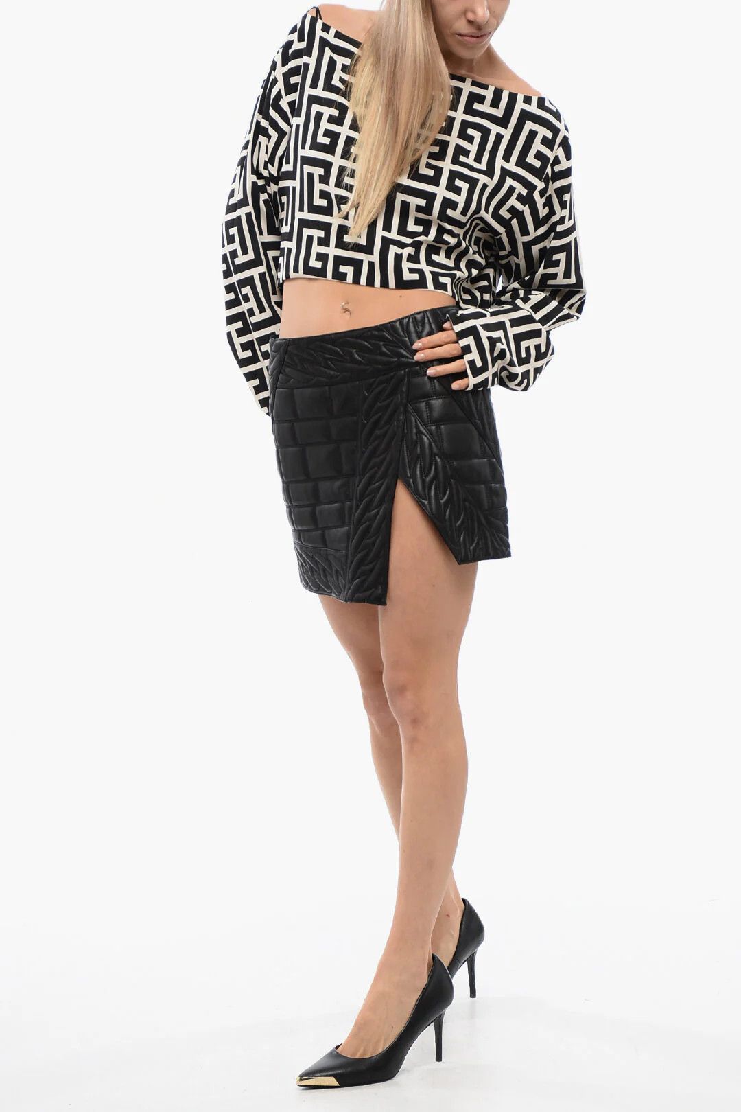 Balmain og1mm0326 Quilted Leather Mini Skirt in Black Size 38" / US 16 / IT 52 - 4 Thumbnail