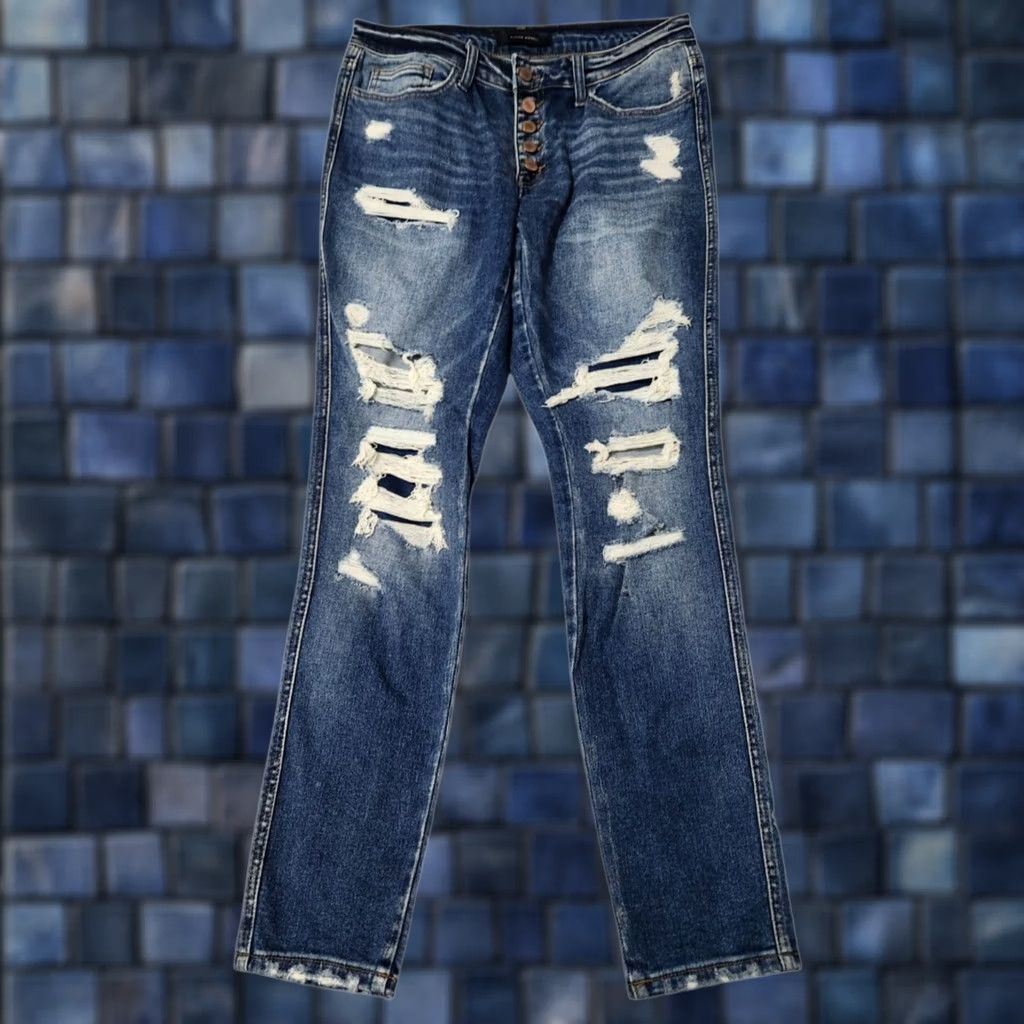 Vintage Flying Monkey Skinny Jeans Womens Size 30 Mid Rise Button Fly Distressed Ripped Blue Denim 5-Pocket 93% Cotton Blend Size 30" / US 8 / IT 44 - 1 Thumbnail
