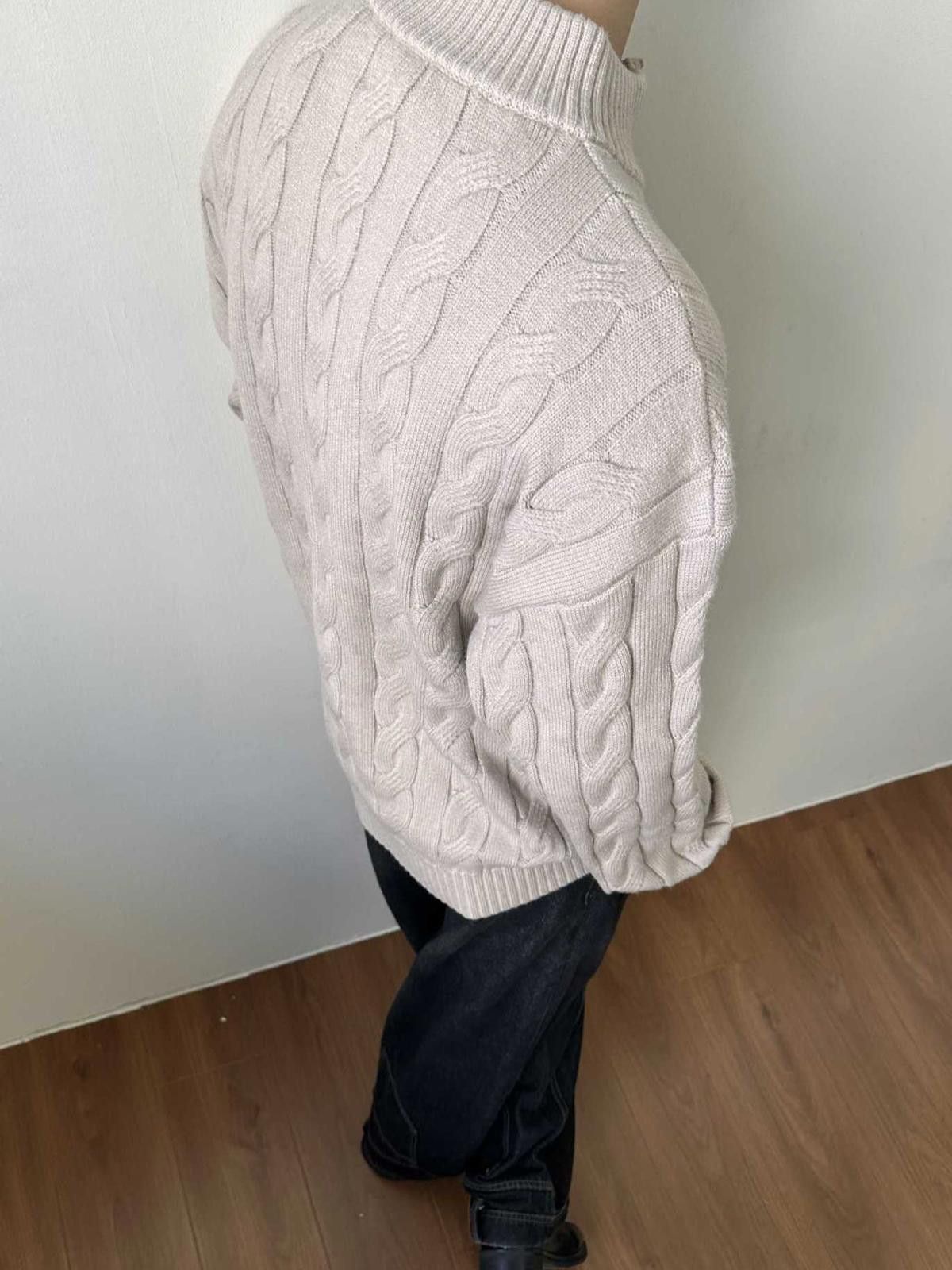 Other Beige Cable Knit Half Zip Sweater, Men's Cozy Knitwear Size US M / EU 48-50 / 2 - 3 Thumbnail