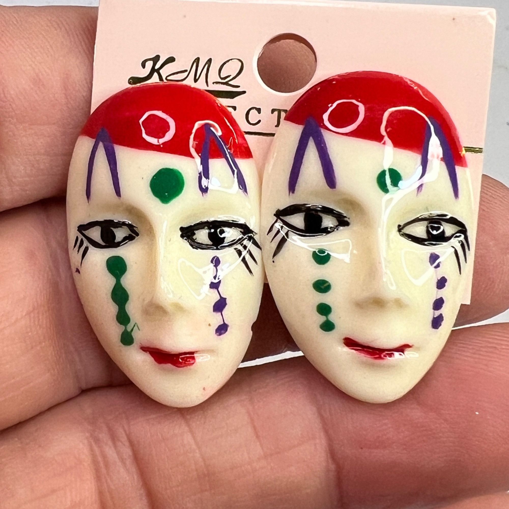 Other Vintage KMQ Mime Mask Face Stud Earrings Painte Size ONE SIZE - 3 Thumbnail