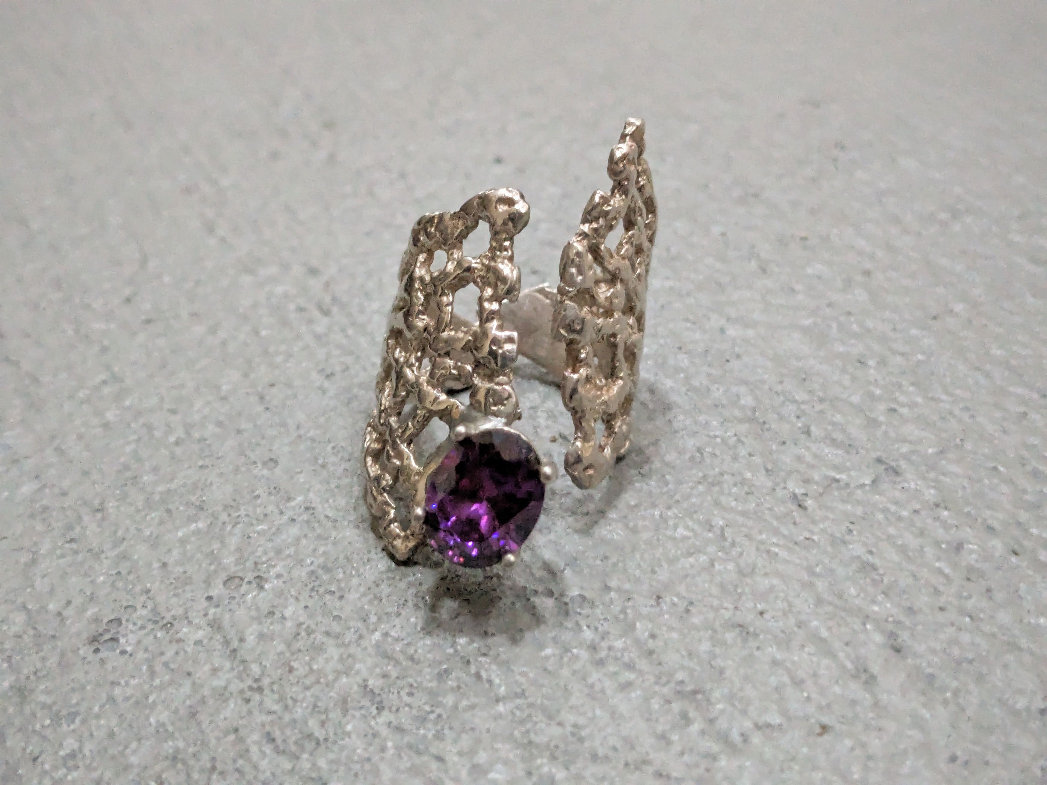 Jewelry Sterling Silver Ring Amethyst Size 8 Adjustable Brutalist Size ONE SIZE - 4 Thumbnail
