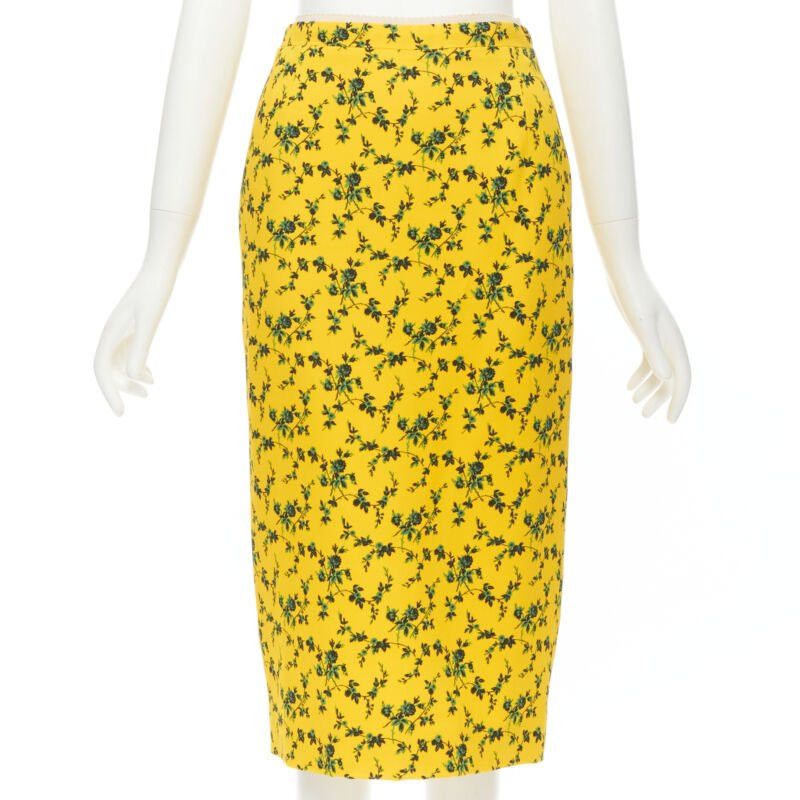 No. 21 NO 21 yellow green leaf print contrast pink band pencil skirt IT38 XS Size 26" / US 2 / IT 38 - 1 Thumbnail