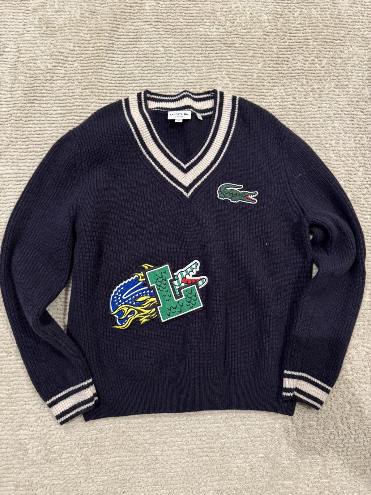 Lacoste Lacoste Dragon Varsity V-Neck Knit Sweater – Navy Size US L / EU 52-54 / 3 - 1 Thumbnail