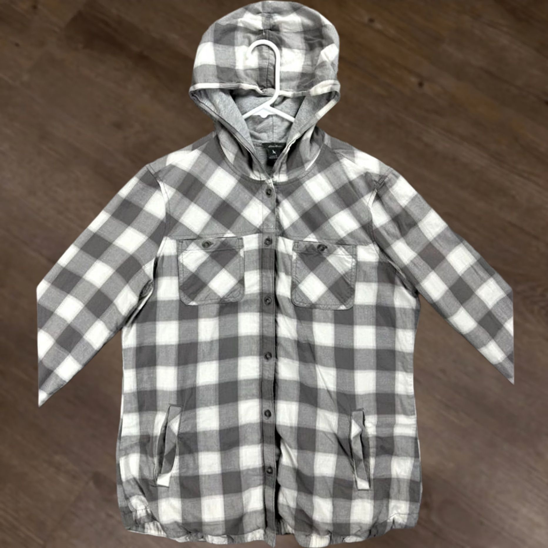 Eddie Bauer Eddie Bauer Button-Up Hoodie Shirt Women Large Gray Checkered Long Sleeve Size L / US 10 / IT 46 - 1 Thumbnail