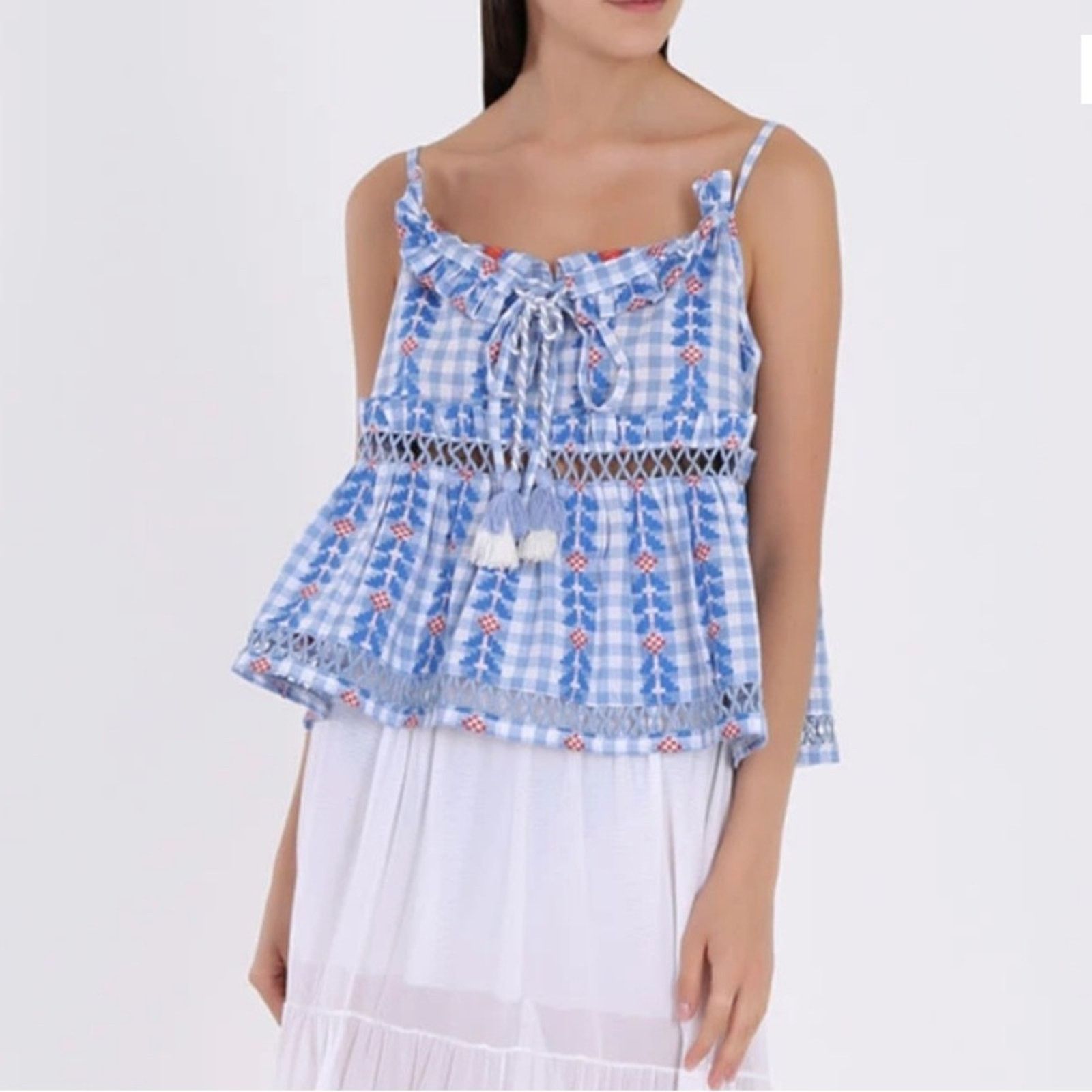 Dodo Bar Or DoDo Bar Or Blue & White Gingham Print Tie Tassel Top Sz M Size M / US 6-8 / IT 42-44 - 1 Thumbnail
