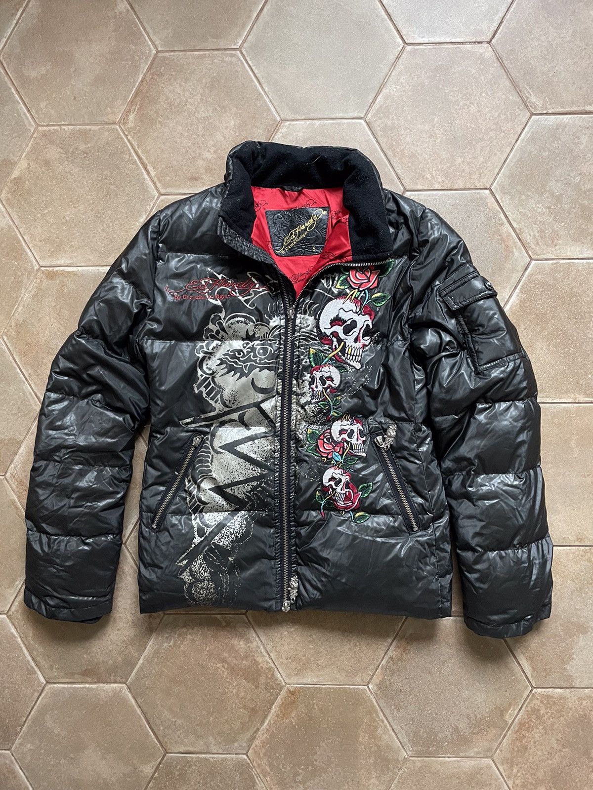 image of Vintage Ed Hardy & Christian Audigier Down Puffer Jacket in Black, Women's (Size Small)