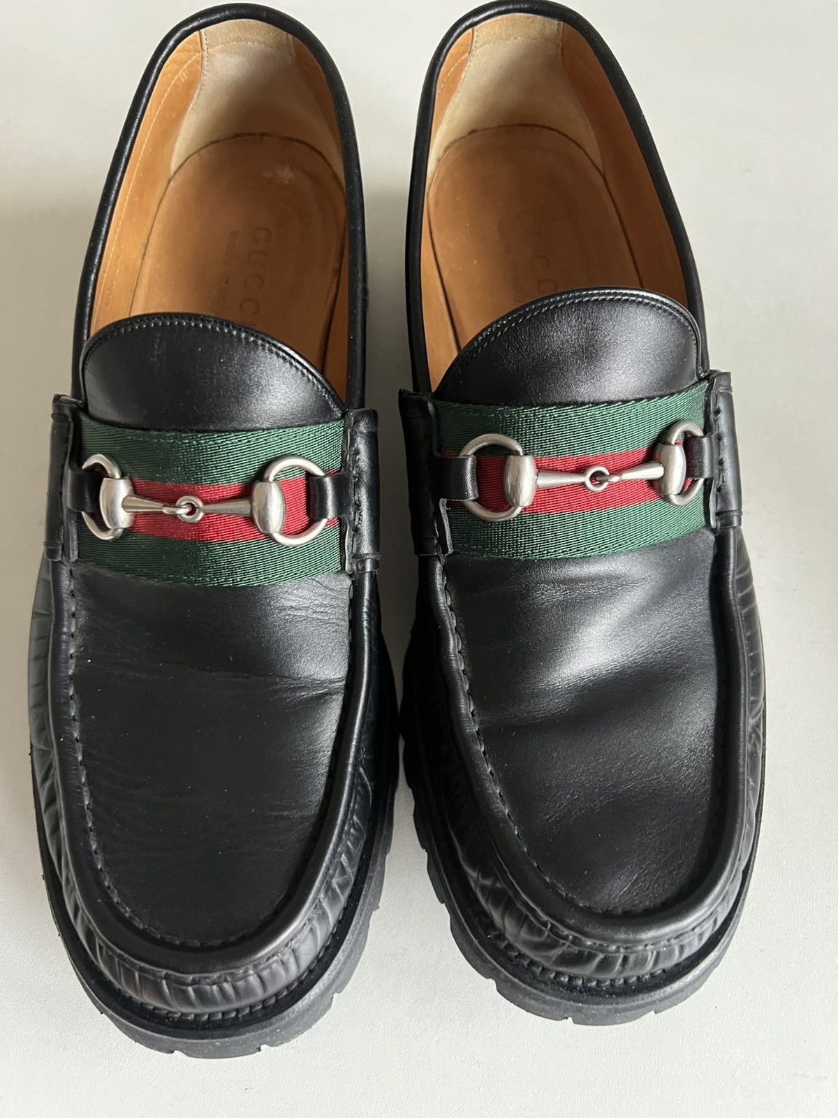 Gucci Gucci Black Leather Horsebit Web Lug Sole Loafer Men Sz US10 Size US 9.5 / EU 42-43 - 2 Thumbnail