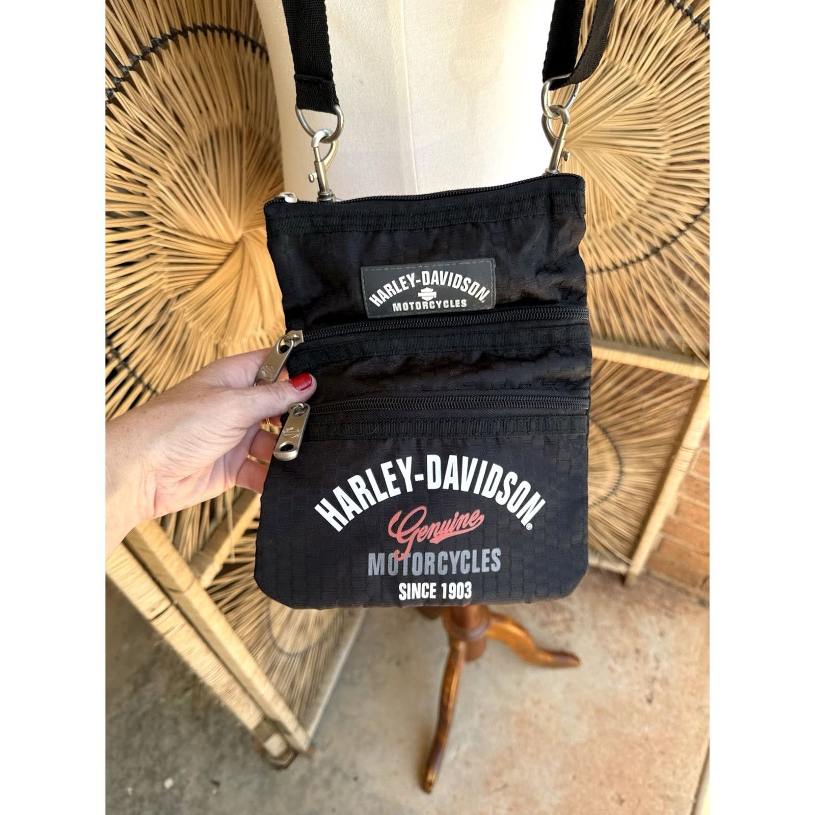 Harley Davidson Harley-Davidson Women's Nylon Crossbody Bag Small Black Leather Lining Zipper Detachable Strap Adjustable Strap Crossbody Size ONE SIZE - 2 Thumbnail