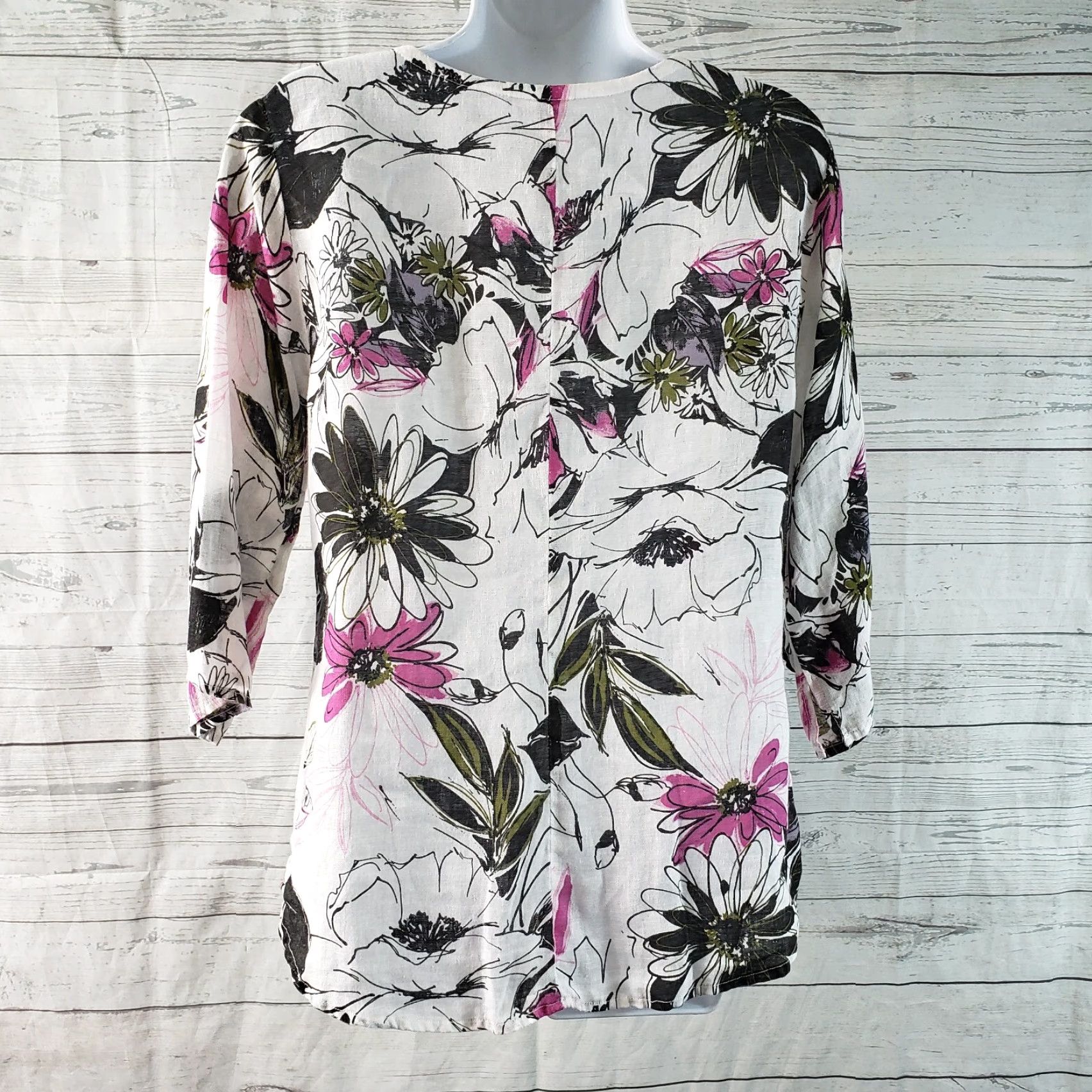 Habitat Habitat Womens Blouse 3/4 Sleeve Floral Linen White S Small Sheer Pink Black Victory 90s Vars? Size S / US 4 / IT 40 - 4 Thumbnail
