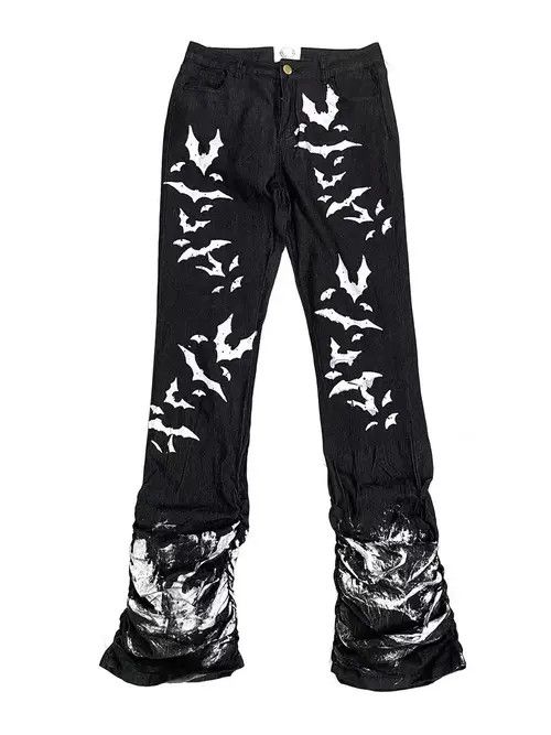 VIBE Washed distressed pleated micro-flare bat-print jeans Size US 32 / EU 48 - 1 Thumbnail