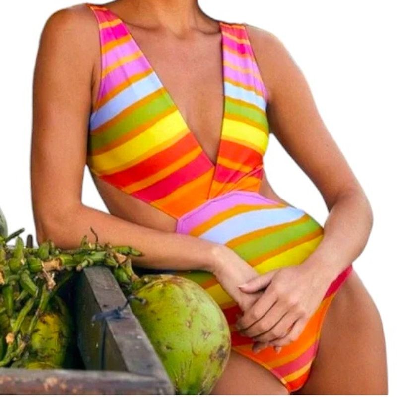 Farm Rio FARM RIO Shiny Stripes V-Neck Cutout One Piece Swimsuit, XS Size ONE SIZE - 16 Thumbnail