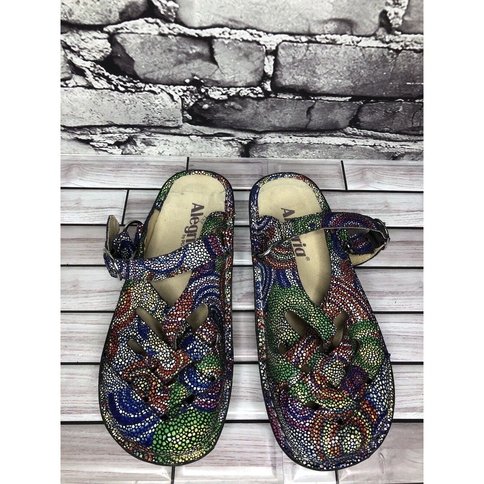 Allegri Alegria Fre-387 Rainbow Mosaic Leather Strap Clogs Shoes Wom Size US 5 / IT 35 - 14 Thumbnail