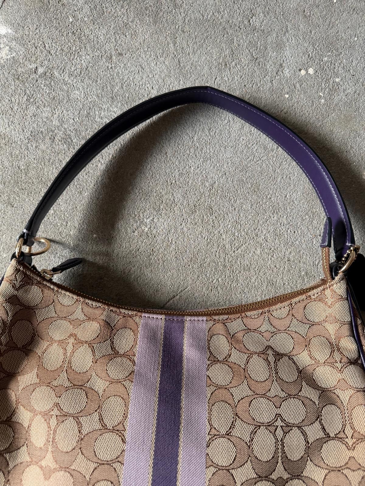 Coach Coach Signature Hobo Stripe Canvas Shoulder Bag Beige/Purple Size ONE SIZE - 3 Thumbnail