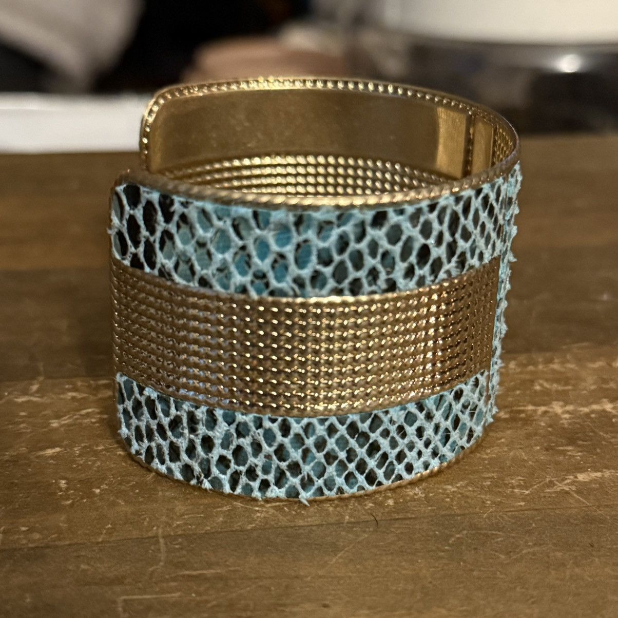 Other Gold tone wide blue snakeskin print bangle cuff bracelet Size ONE SIZE - 2 Thumbnail