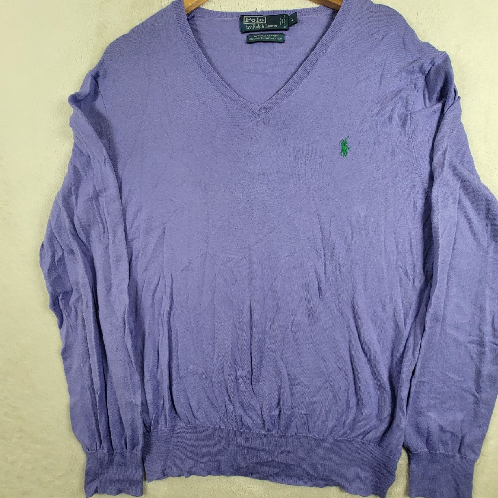 Ralph Lauren V-Neck Polo Ralph Lauren Mens Sweater L Purple Green Logo 100% Pima Cotton, Pullover, Regular Fit, Long Sleeve, Machine Washable Size US L / EU 52-54 / 3 - 2 Thumbnail