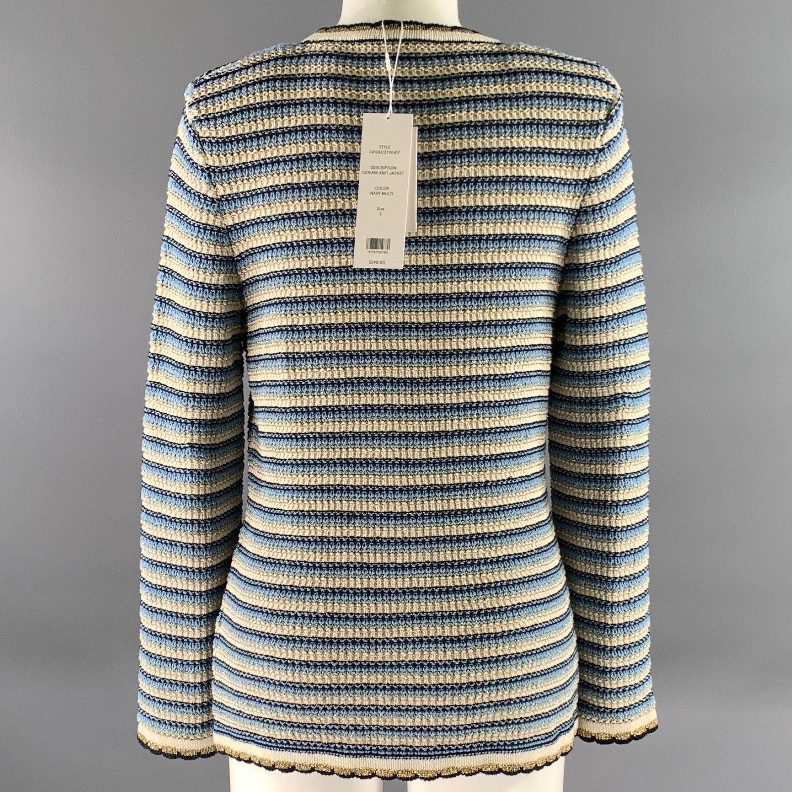 Veronica Beard VERONICA BEARD S Blue White Gold Stripe Cotton Cardigan Size S / US 4 / IT 40 - 4 Thumbnail