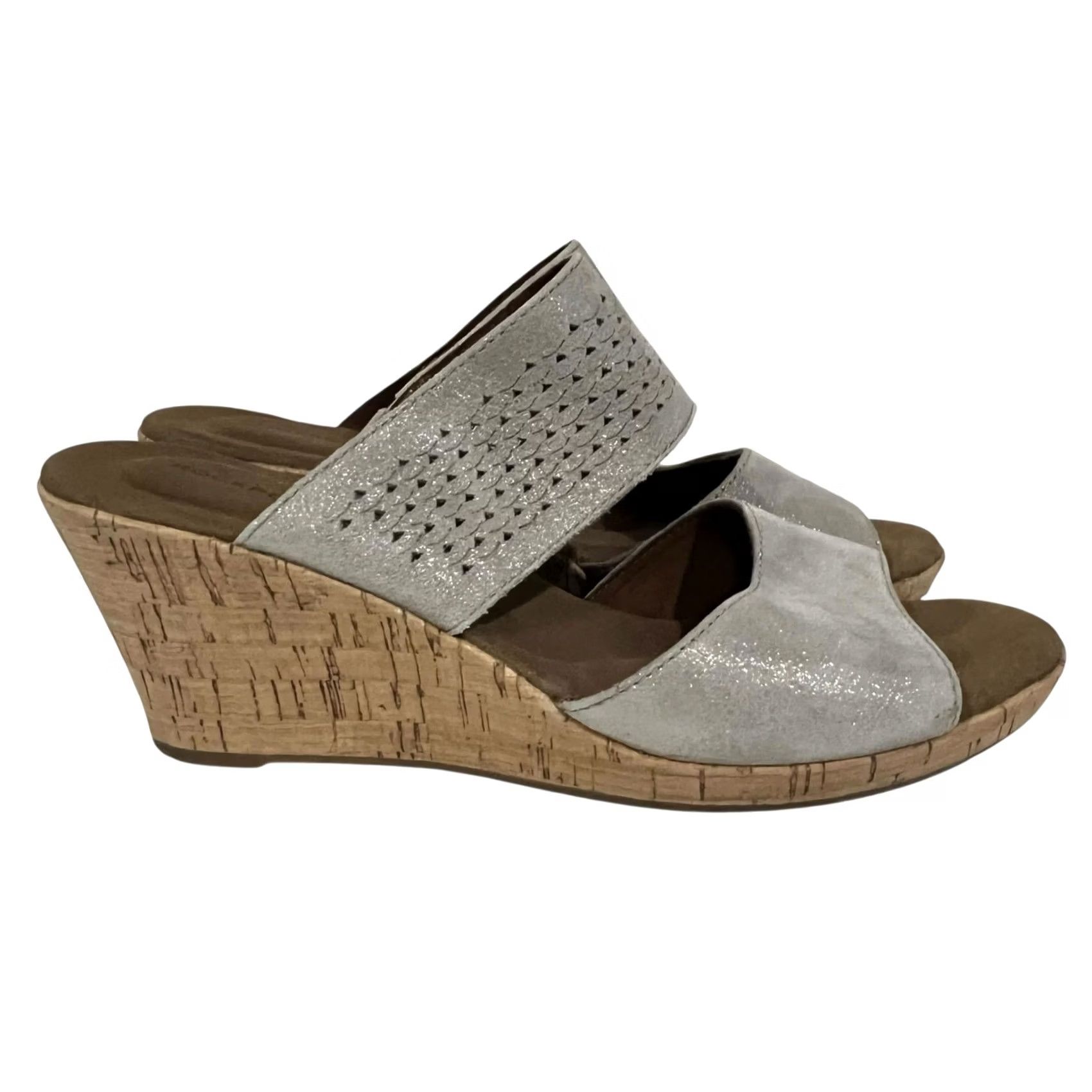 Rockport Rockport Briah Sandals Slip-On Gray Silver Leather Womens Size 8 Wedge 2-Band Mid Heel Hook & Loop Shoes Size US 8 / IT 38 - 2 Thumbnail