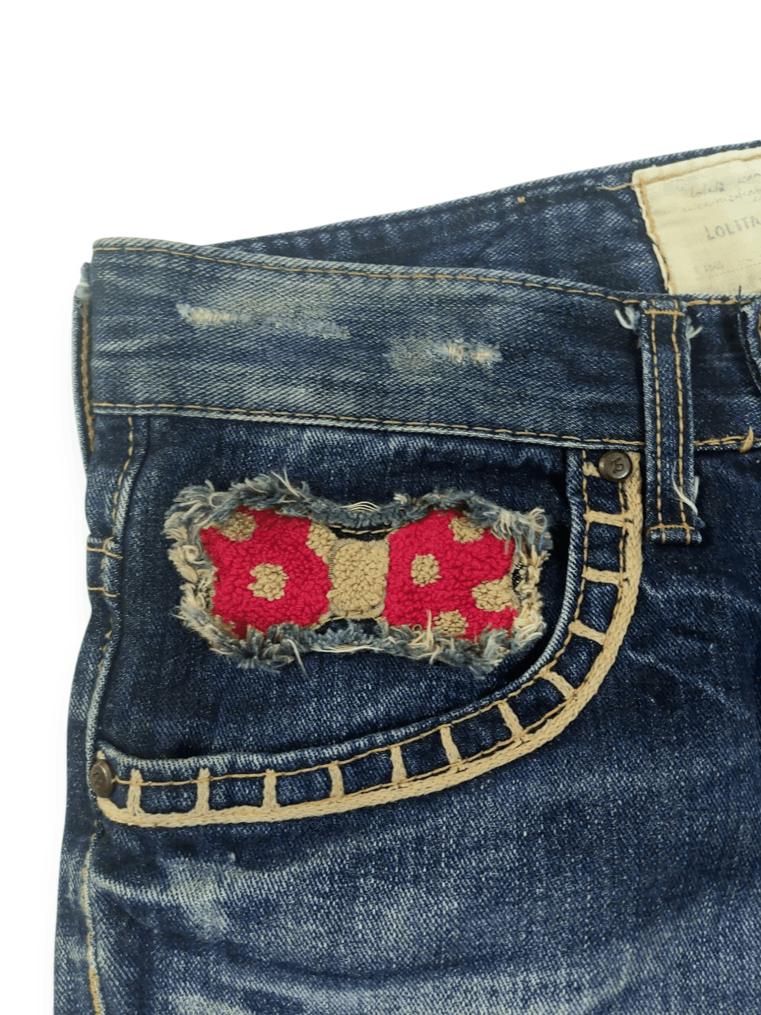 Vintage Lolita Jeans Embroidered Ribbon Mushroom Denim Size 29" - 8 Thumbnail