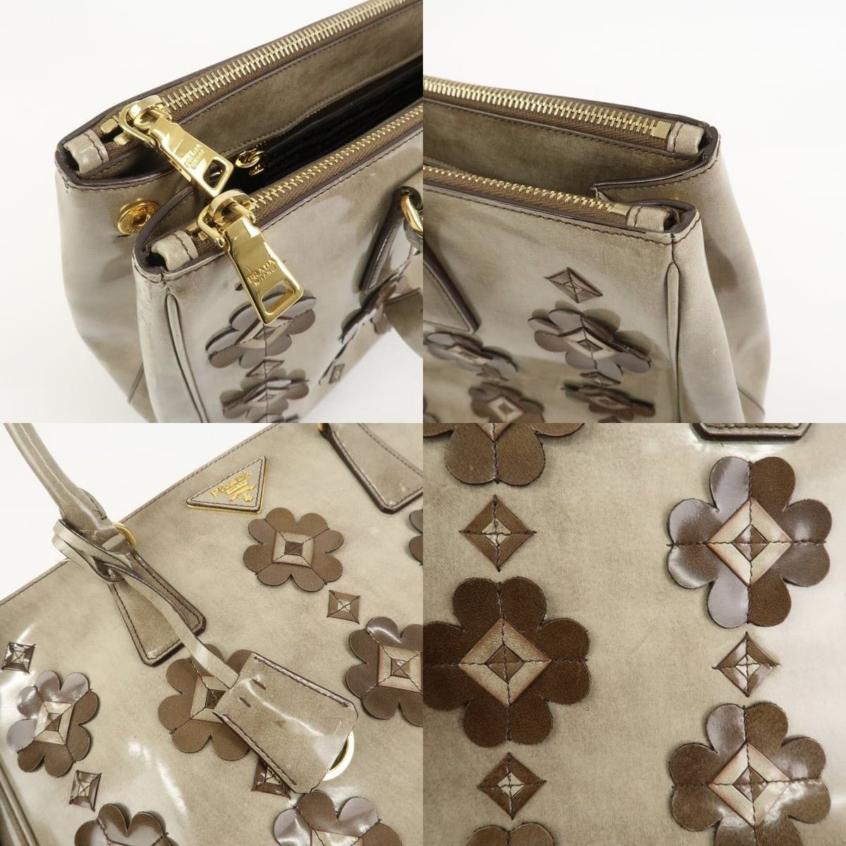 Prada Prada Galleria Flower Patent Leather Tote Gray Size ONE SIZE - 7 Thumbnail