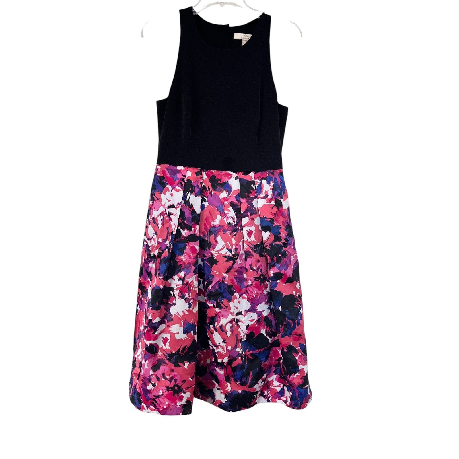 Aidan by Aidan Mattox Black Pink Floral Print Pleated Dress