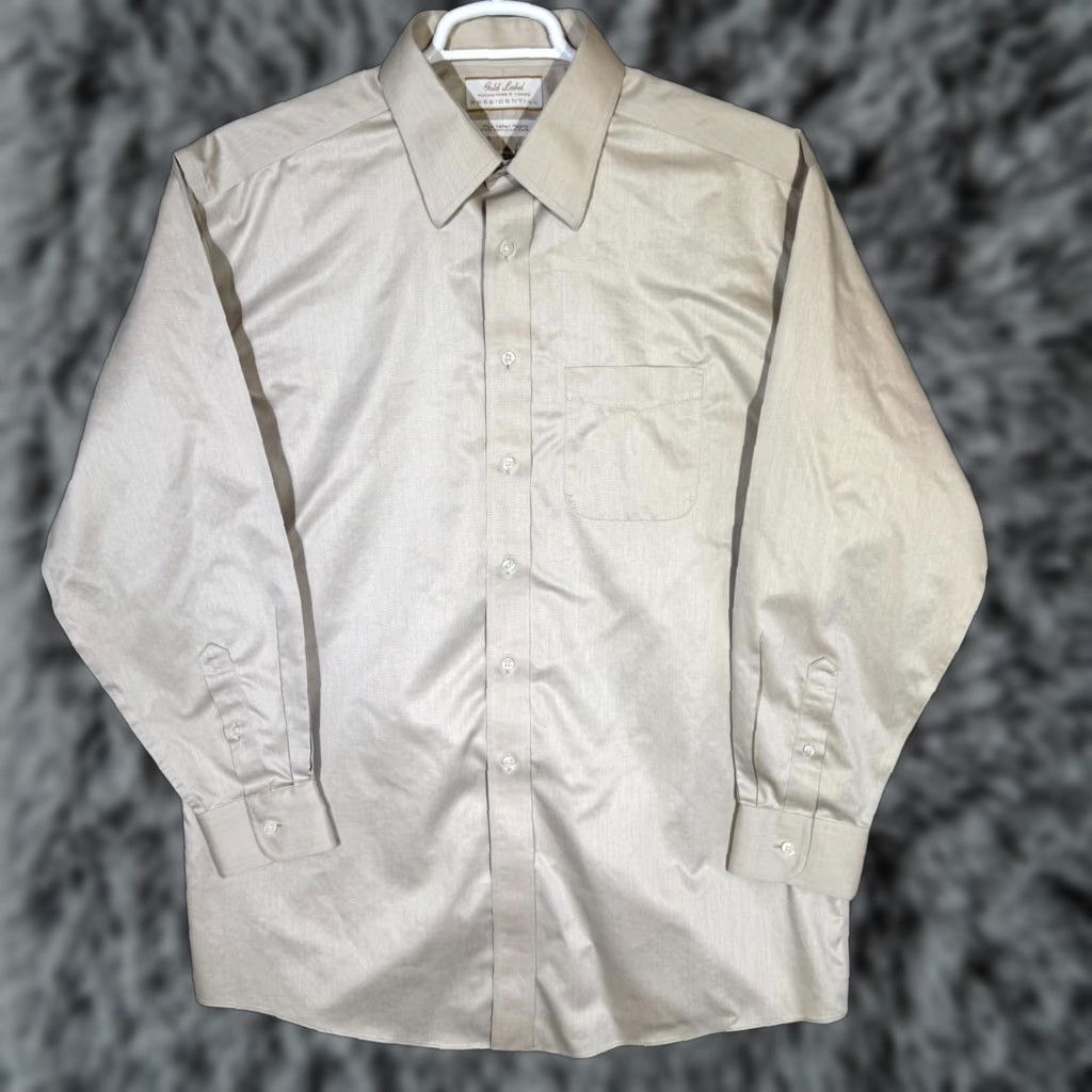 Vintage Gold Label Dress Shirt 16/34 Tan 100% Cotton Fitted Career Formal Men Regular Long Sleeve Button Cuffs Chest 48" Vintage No Iron Modern Pattern Solid Size 42R - 1 Thumbnail